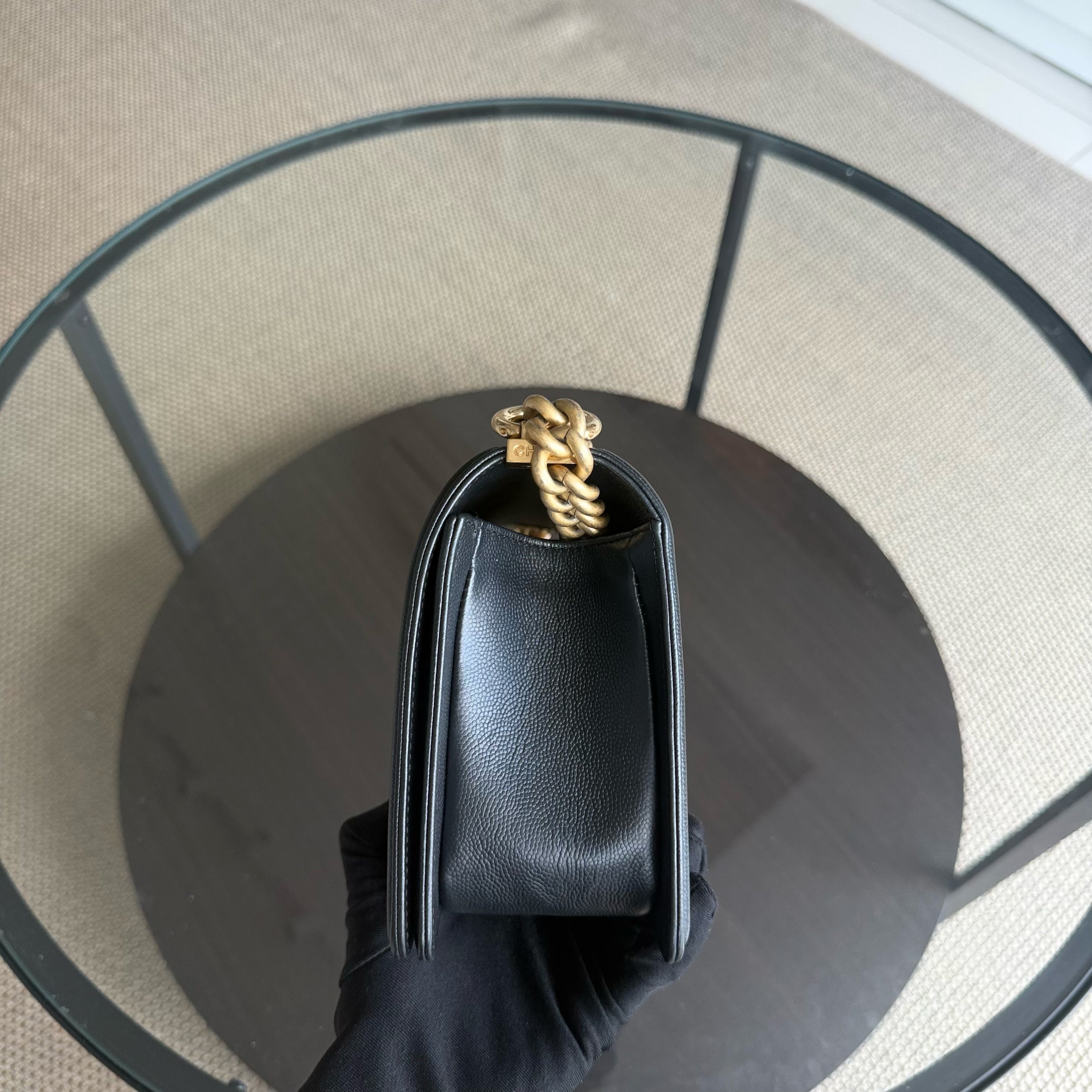 Chanel Boy Medium - Caviar 25CM Quilted Grained Calfskin Black Gold Hardware Series 24