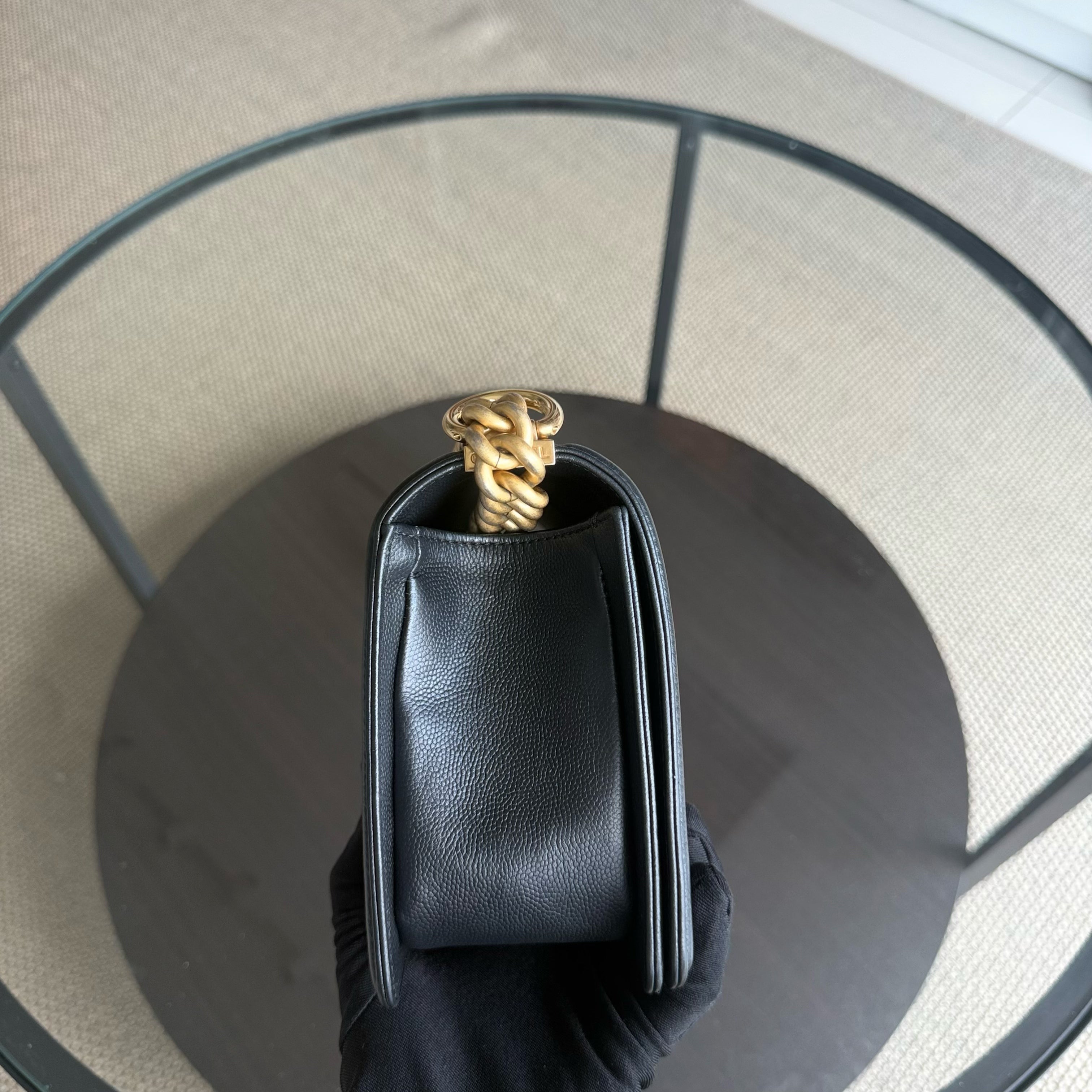 Chanel Boy Medium - Caviar 25CM Quilted Grained Calfskin Black Gold Hardware Series 24