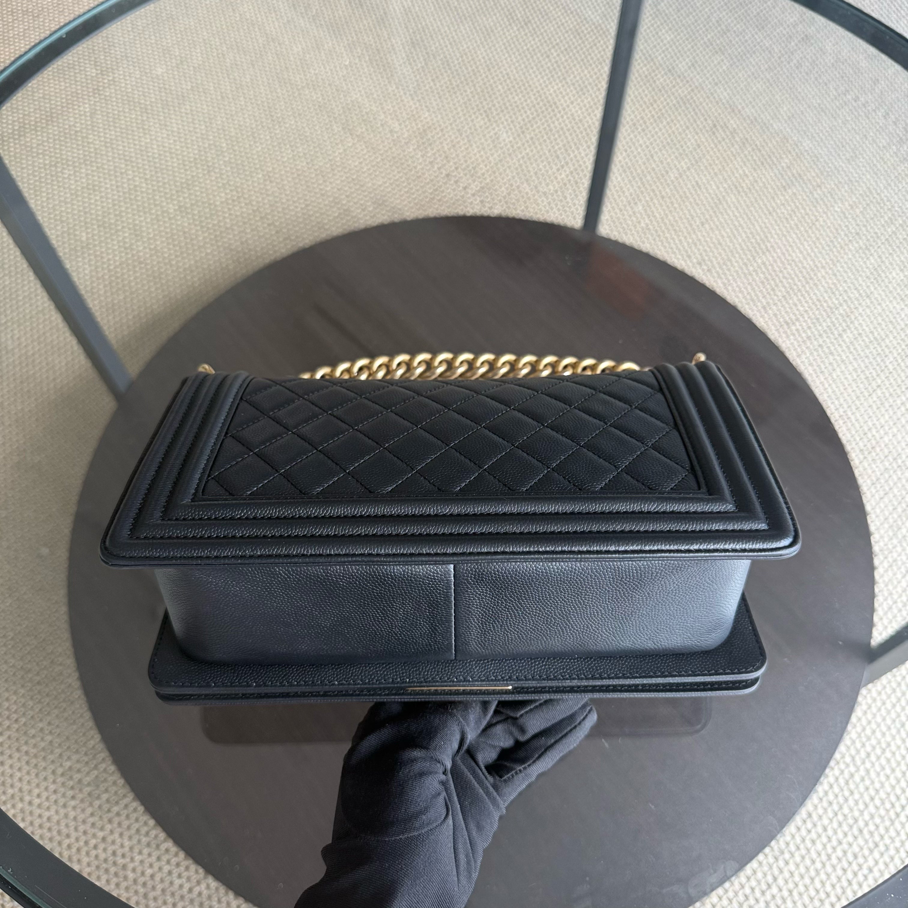 Chanel Boy Medium - Caviar 25CM Quilted Grained Calfskin Black Gold Hardware Series 24