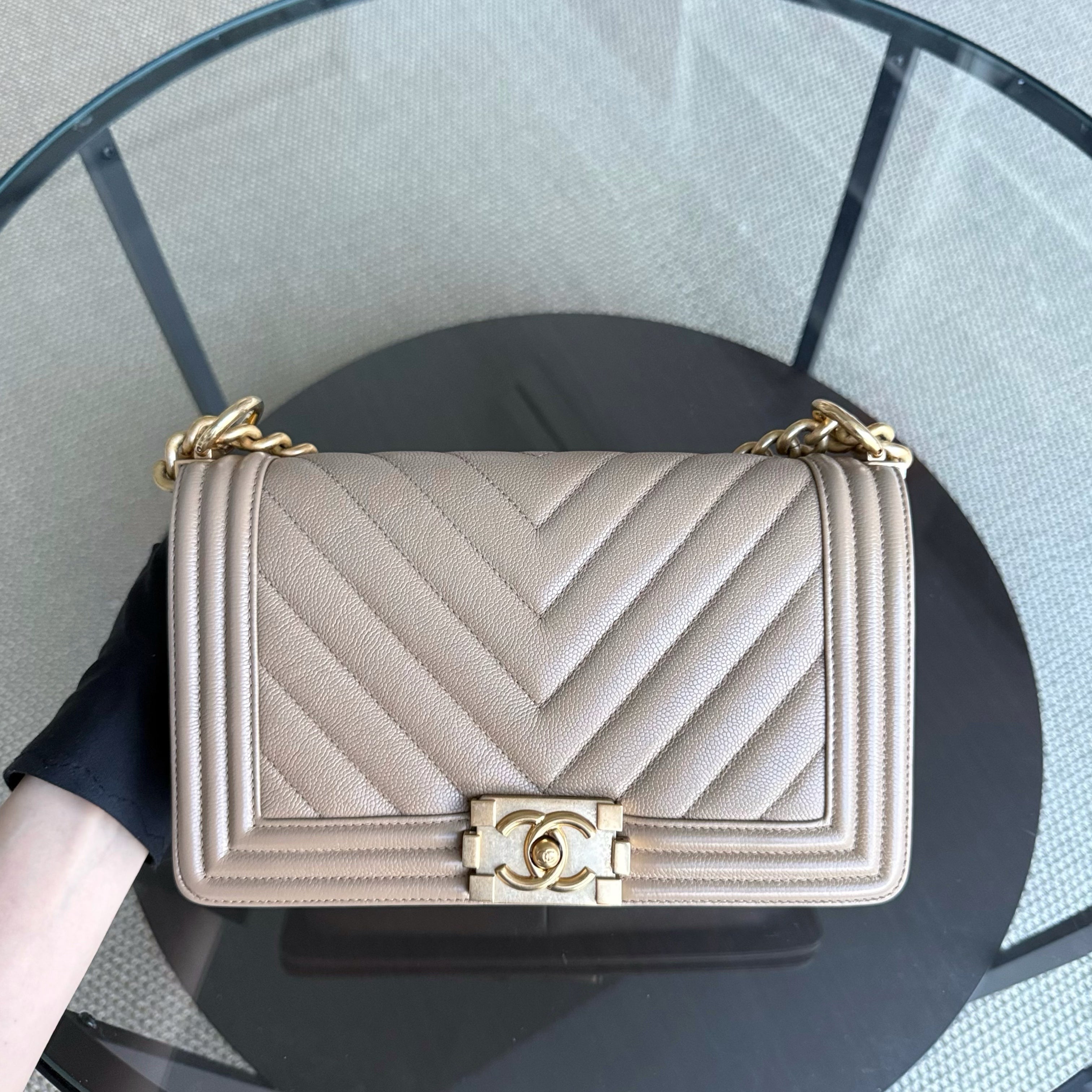 Chanel Boy Medium - Caviar 25CM Chevron Grained Calfskin Beige Gold Hardware Series 25