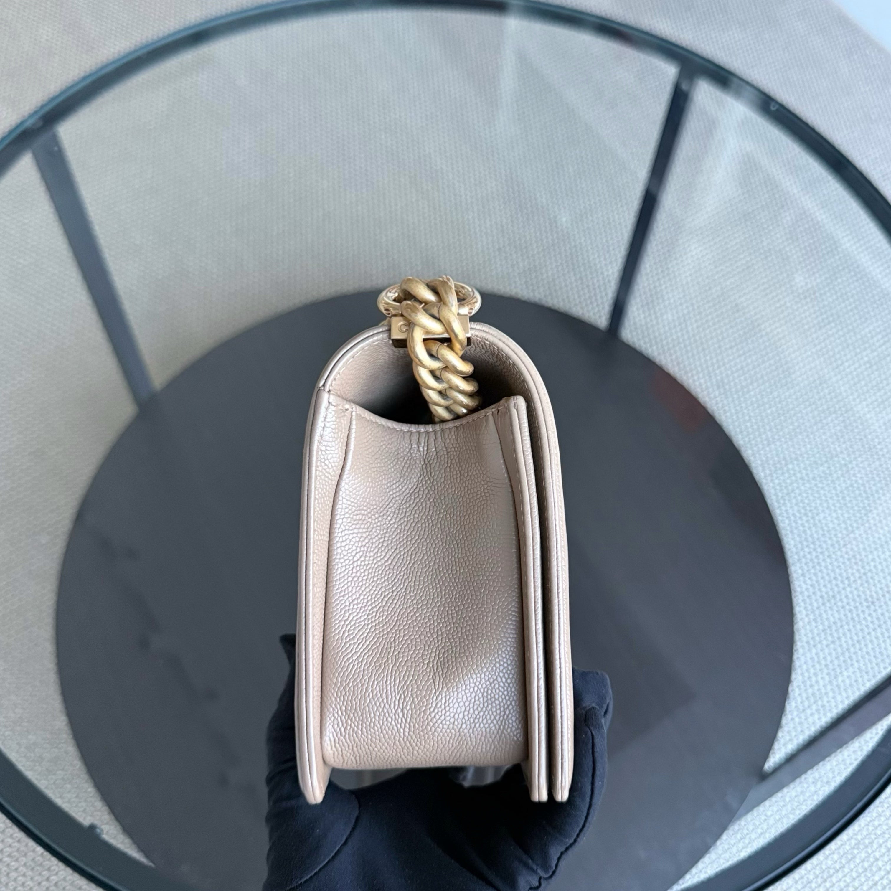 Chanel Boy Medium - Caviar 25CM Chevron Grained Calfskin Beige Gold Hardware Series 25