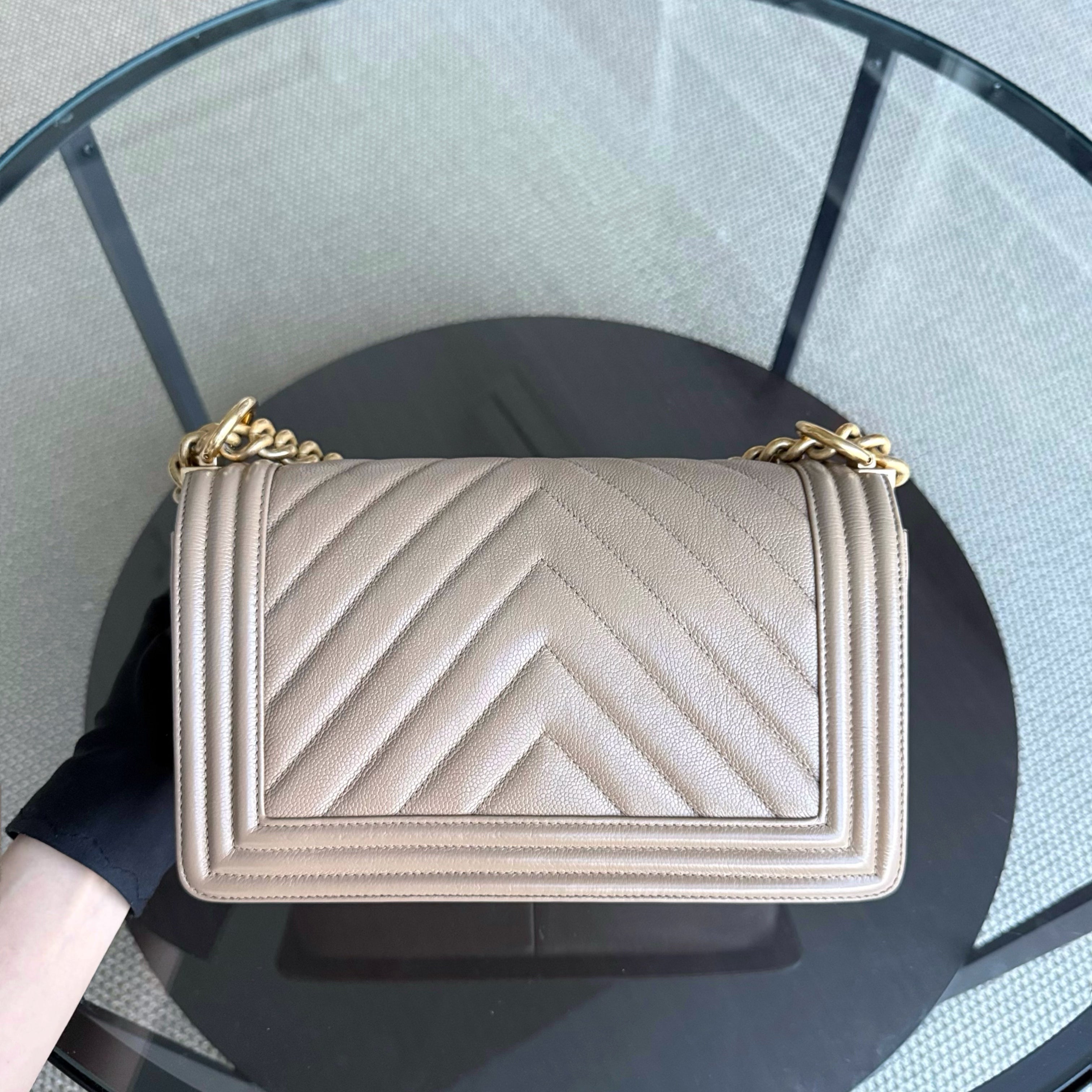 Chanel Boy Medium - Caviar 25CM Chevron Grained Calfskin Beige Gold Hardware Series 25