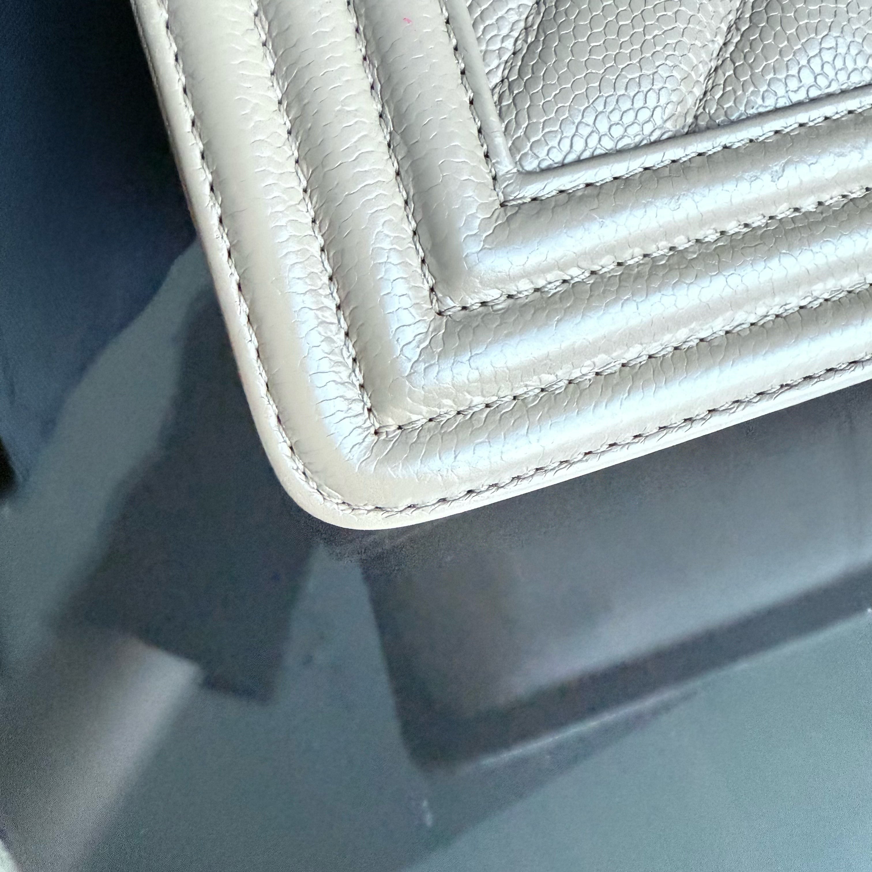 Chanel Boy Medium - Caviar 25CM Chevron Grained Calfskin Beige Gold Hardware Series 25