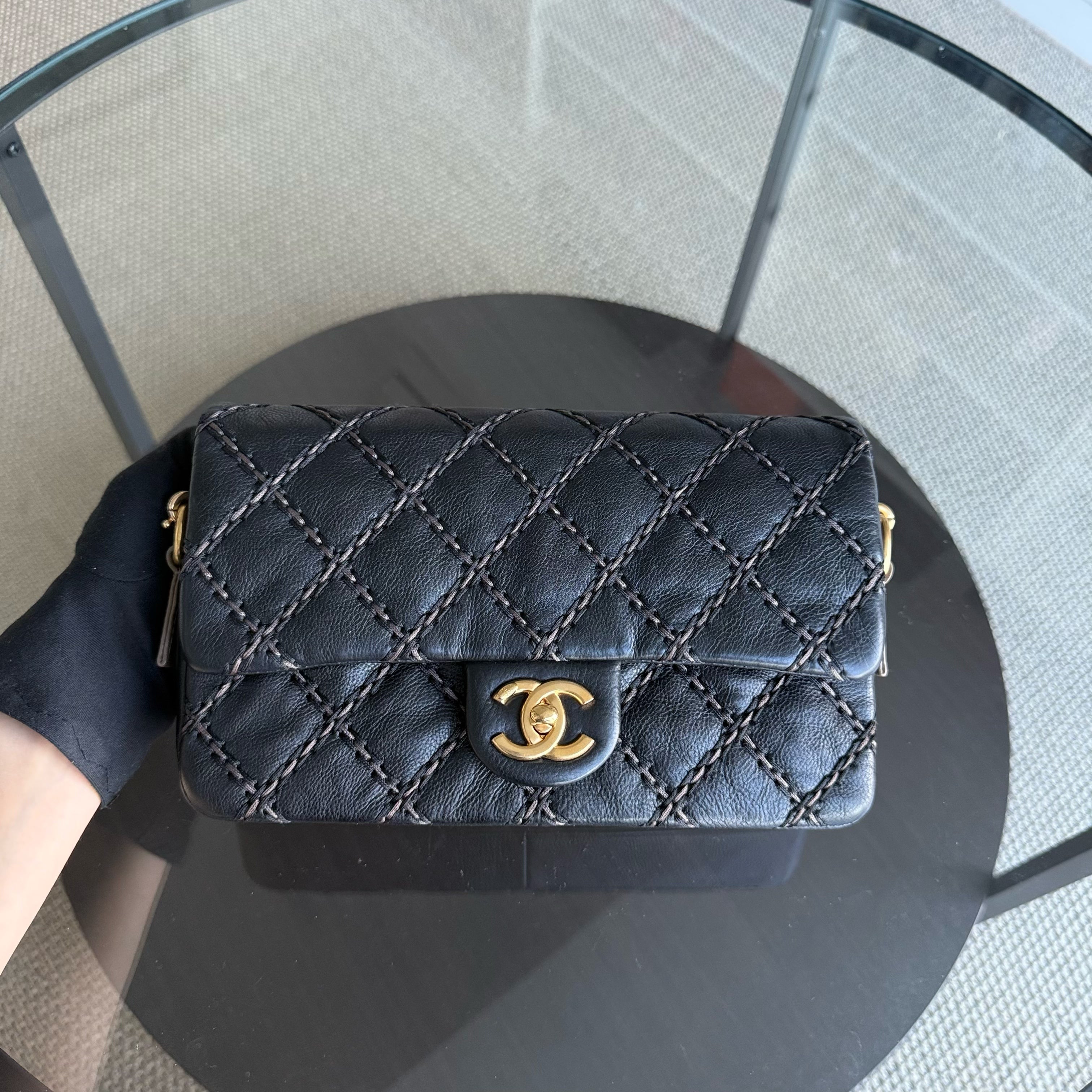 Chanel Seasonal Flap - Quilted Stitch Calfskin Zip Bag Black Gold Hardware Series 19