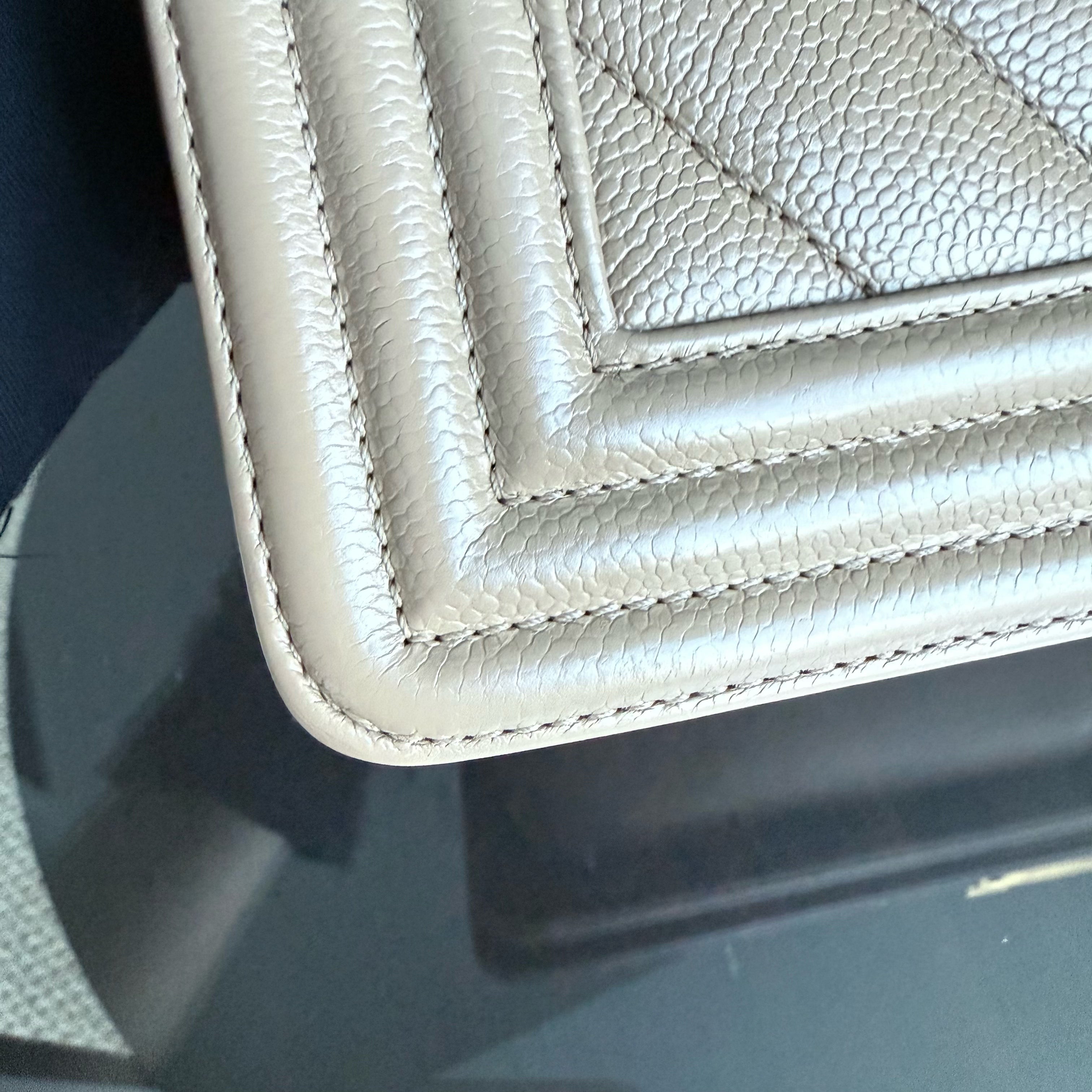 Chanel Boy Medium - Caviar 25CM Chevron Grained Calfskin Beige Gold Hardware Series 25
