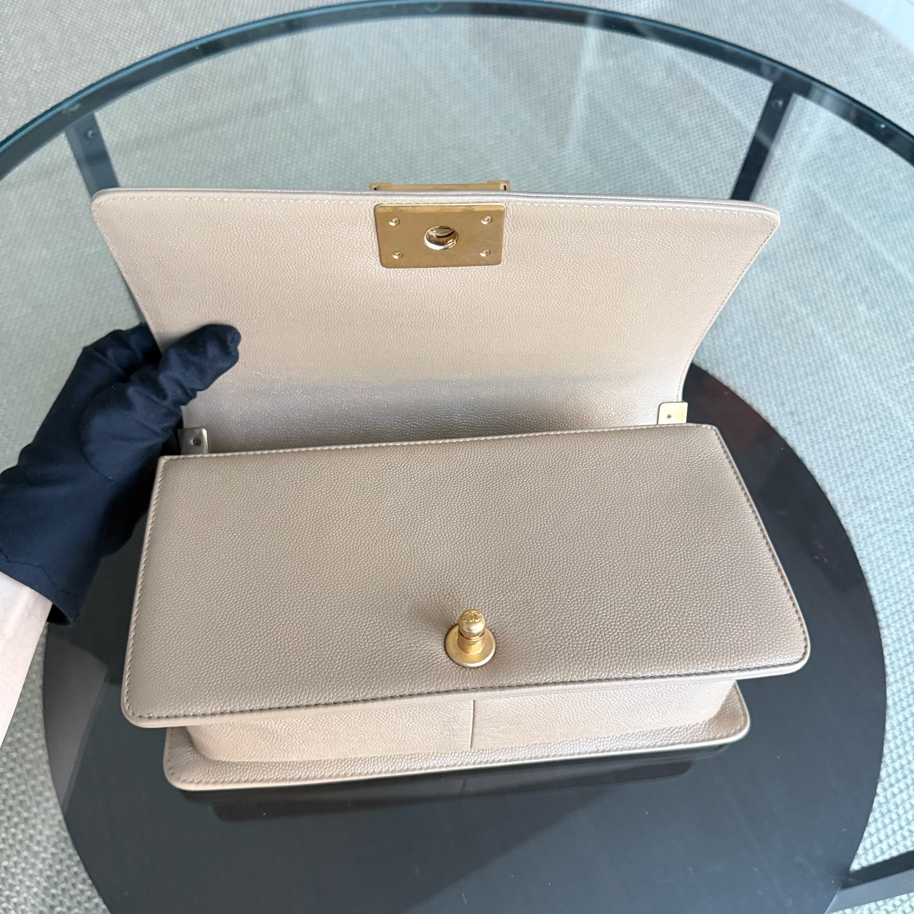 Chanel Boy Medium - Caviar 25CM Chevron Grained Calfskin Beige Gold Hardware Series 25