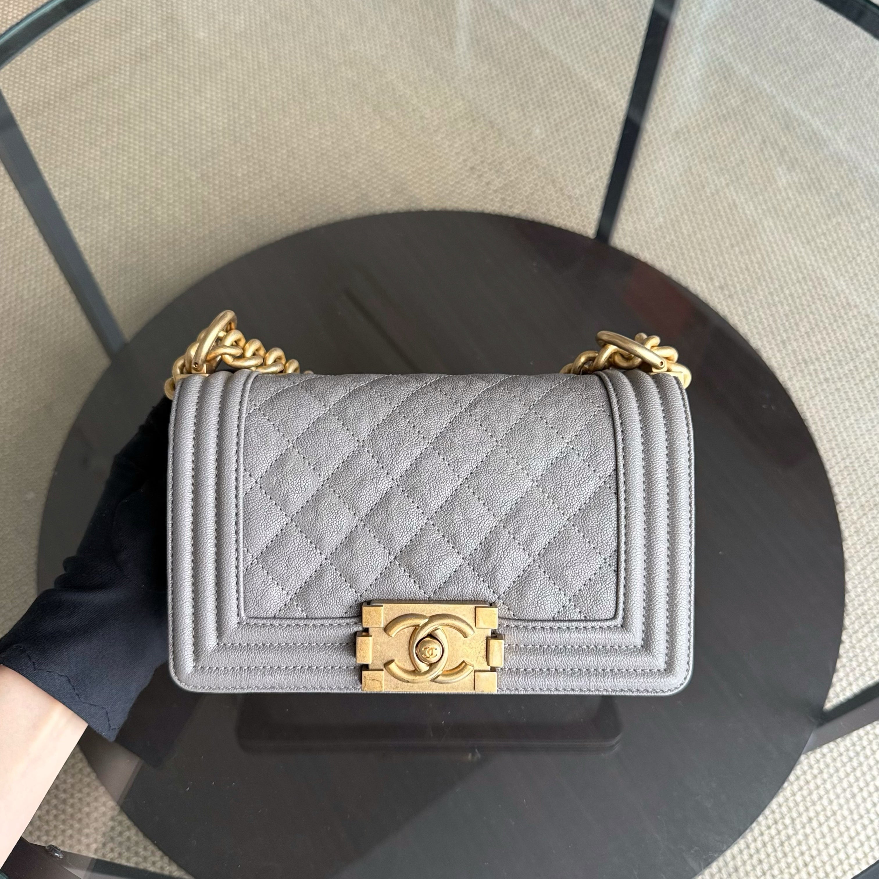 Chanel Boy Small - Caviar 20CM Quilted Grained Calfskin Grey Gray Gold Hardware Series 26