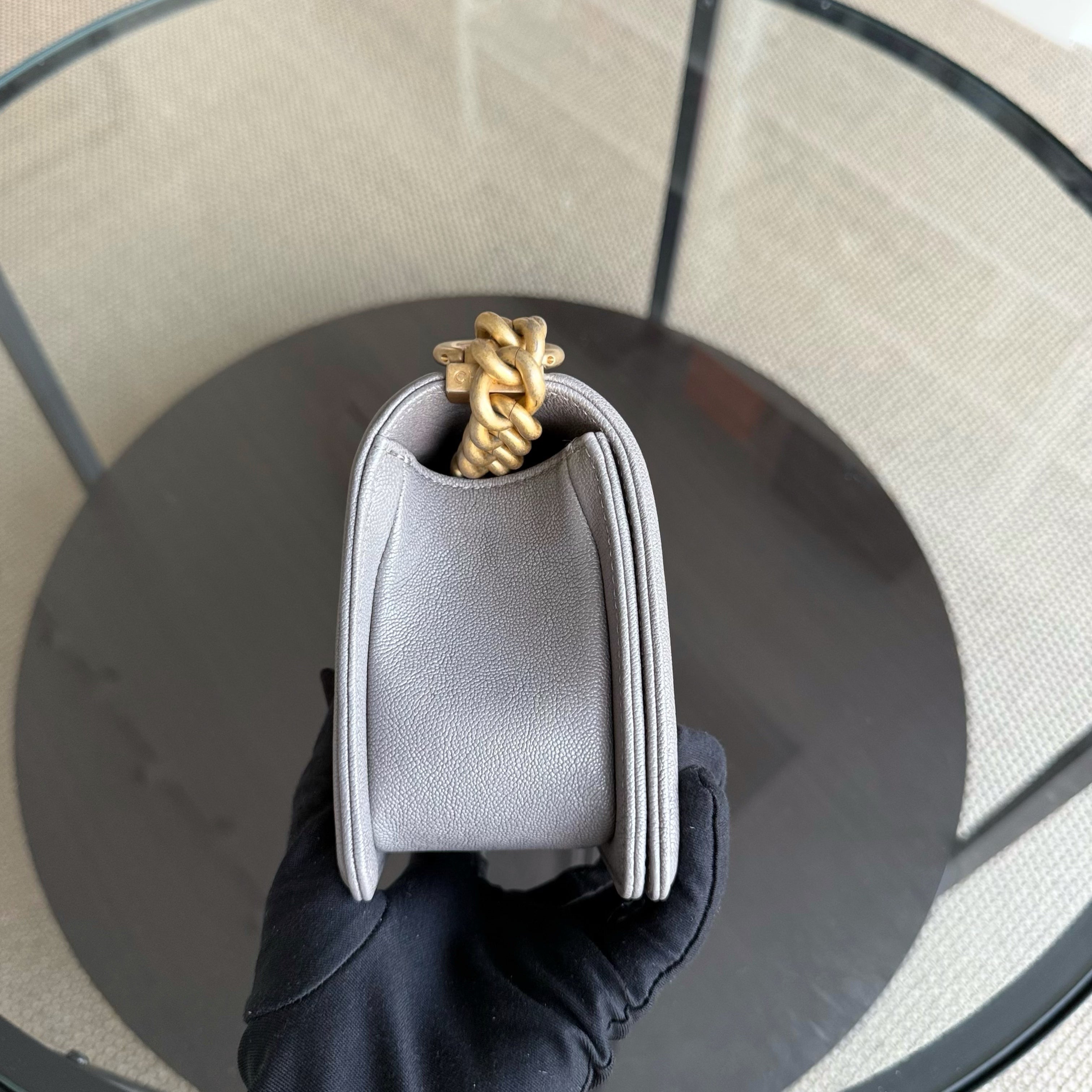 Chanel Boy Small - Caviar 20CM Quilted Grained Calfskin Grey Gray Gold Hardware Series 26