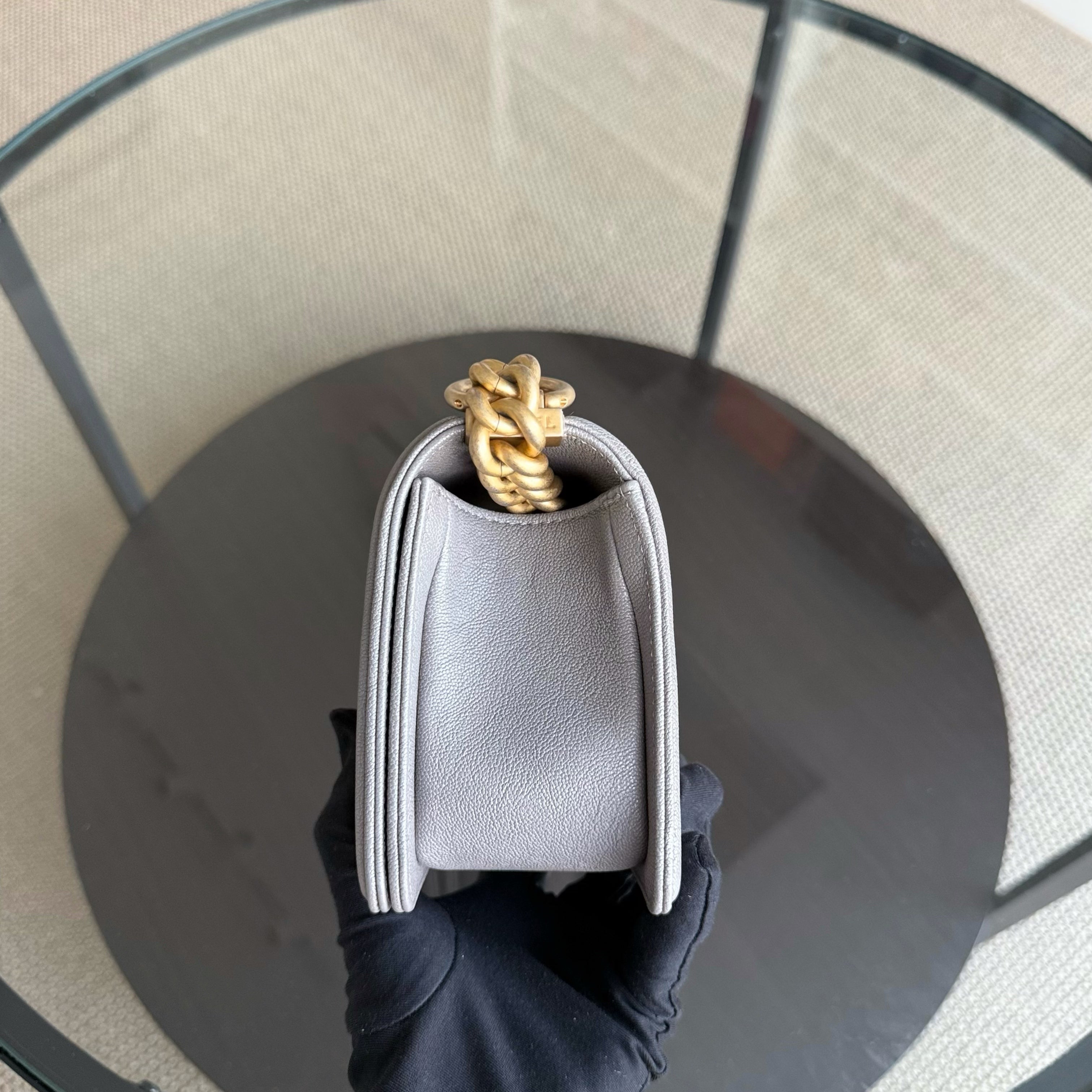 Chanel Boy Small - Caviar 20CM Quilted Grained Calfskin Grey Gray Gold Hardware Series 26