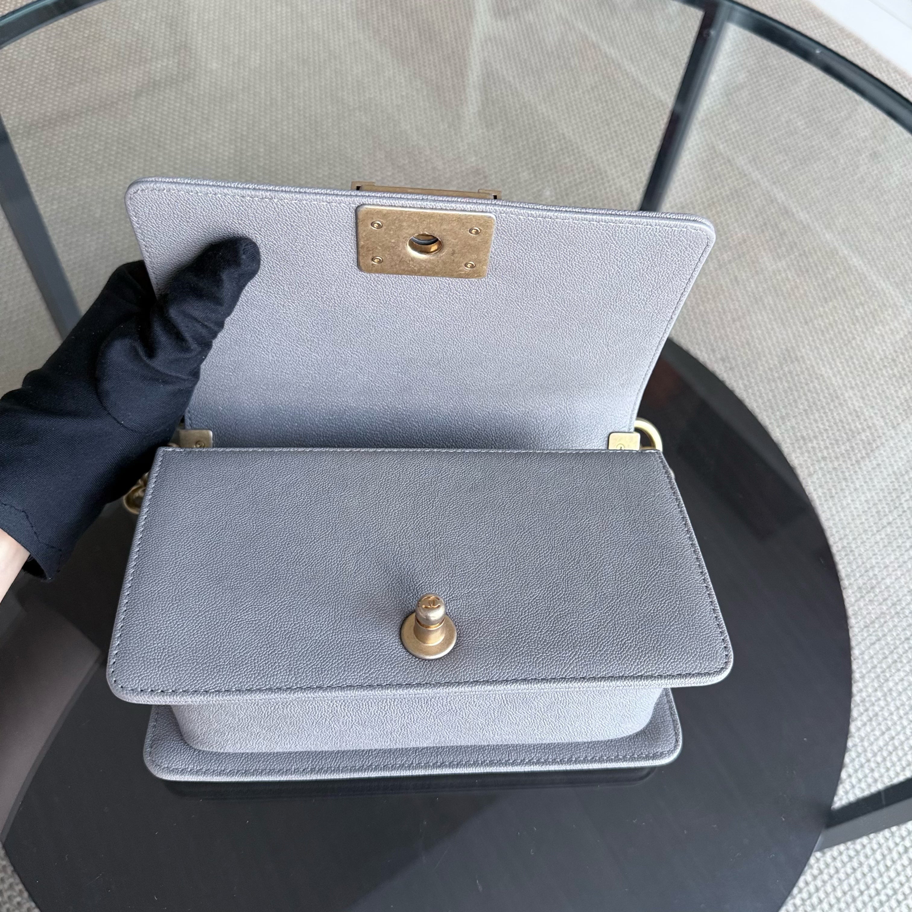 Chanel Boy Small - Caviar 20CM Quilted Grained Calfskin Grey Gray Gold Hardware Series 26