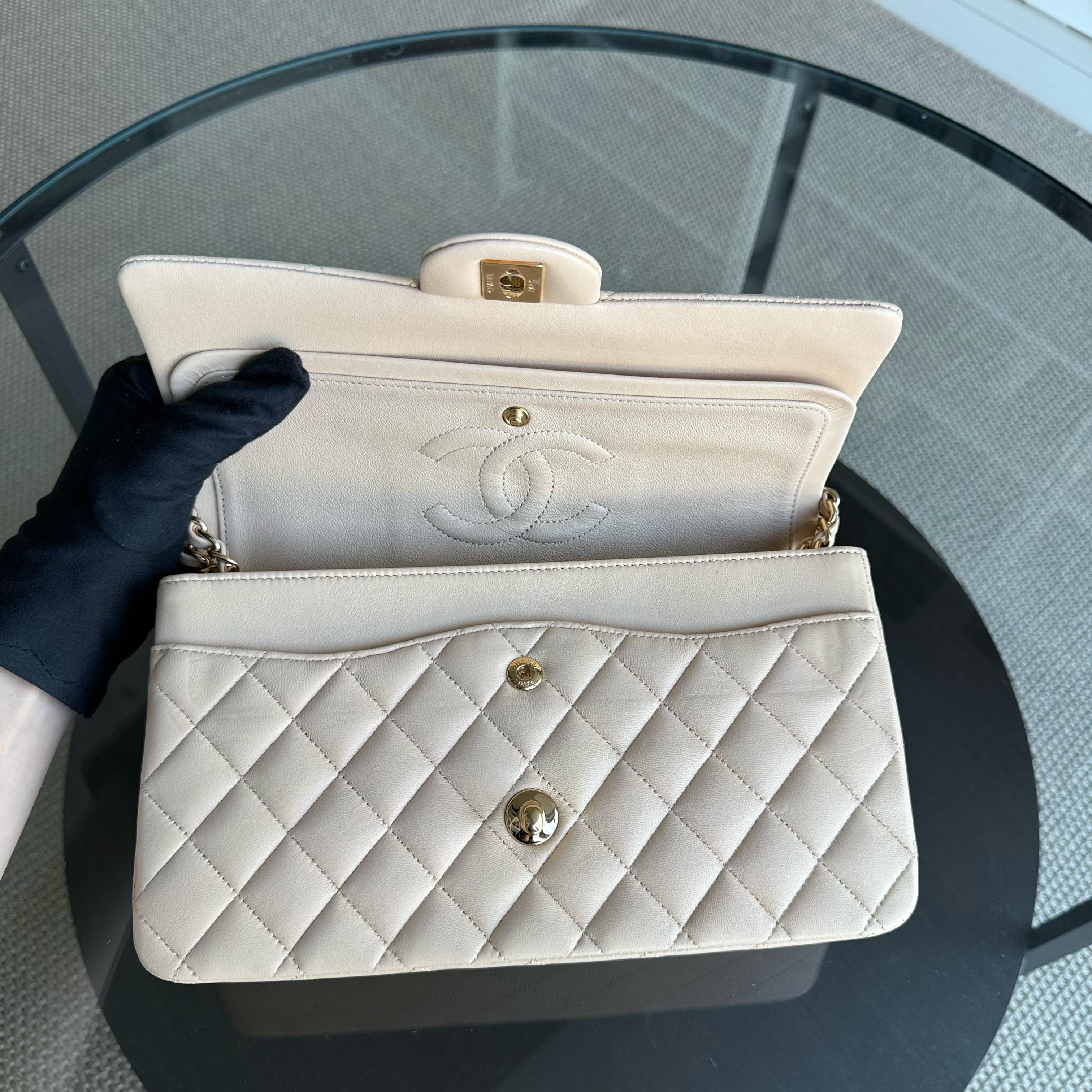 Chanel Classic Flap Medium - 25CM Quilted Lambskin Beige Gold Hardware Series 14
