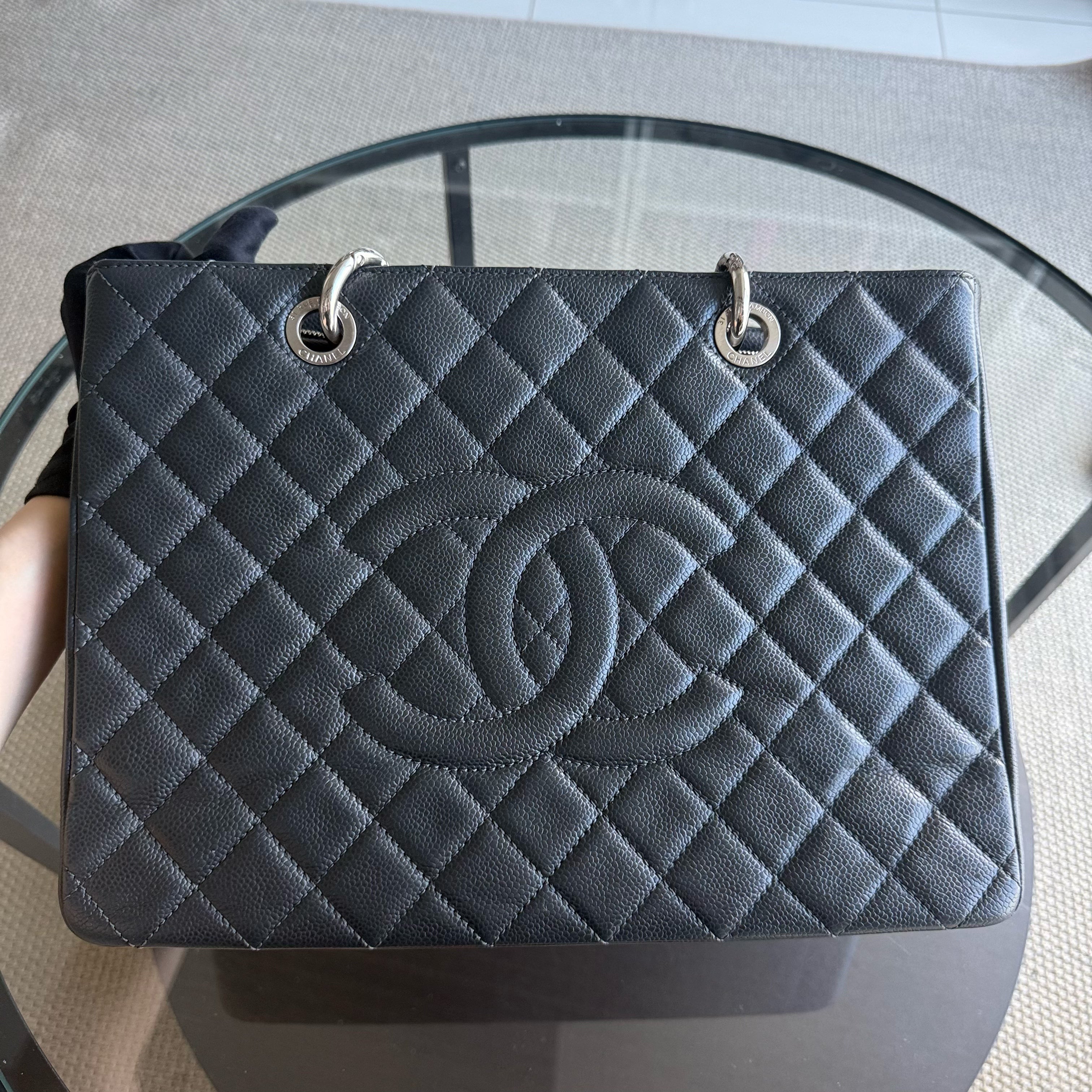 Chanel GST Grand Shopping Tote - Caviar Quilted Grained Calfskin Grey Gray Silver Hardware Series 18