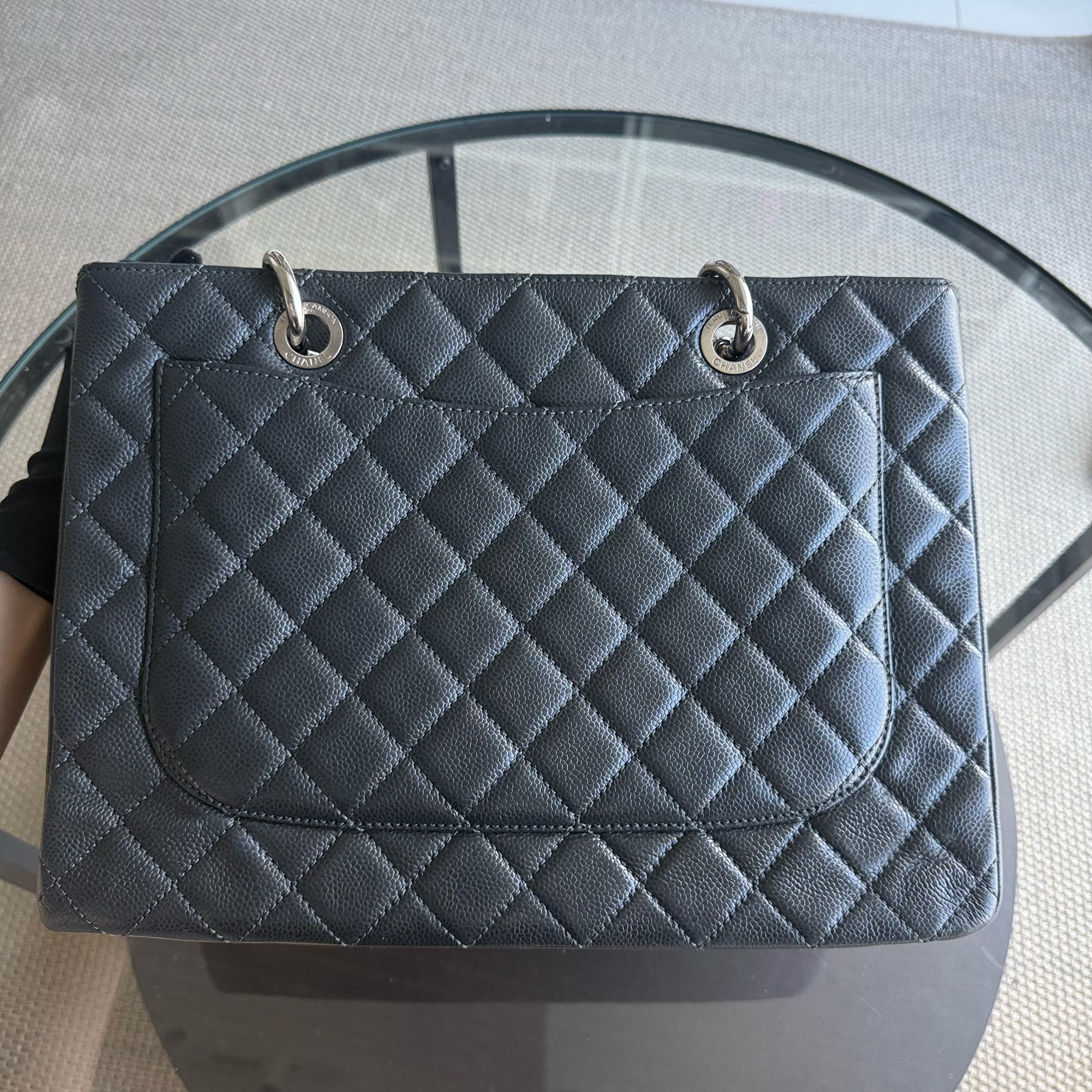 Chanel GST Grand Shopping Tote - Caviar Quilted Grained Calfskin Grey Gray Silver Hardware Series 18