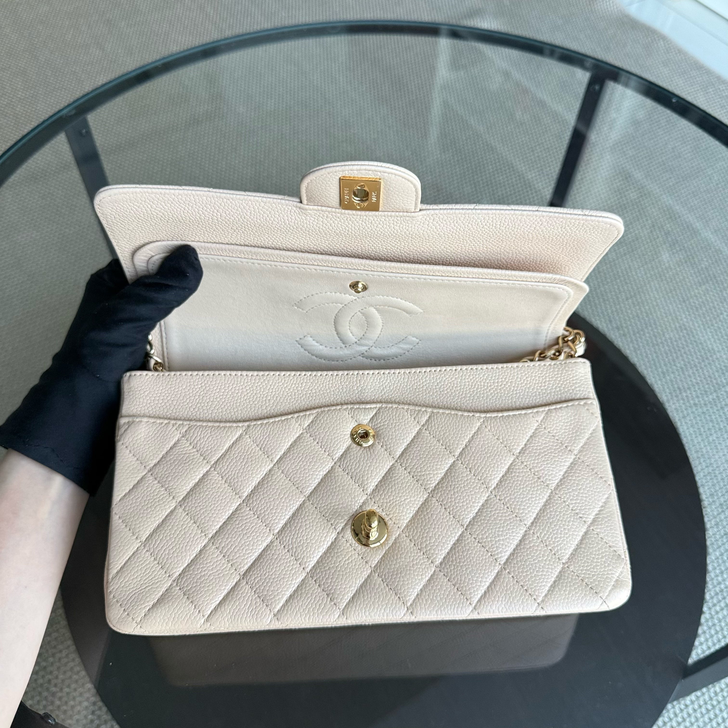 Chanel Classic Flap Medium - Caviar 25CM Quilted Grained Calfskin Beige Gold Hardware Series 13
