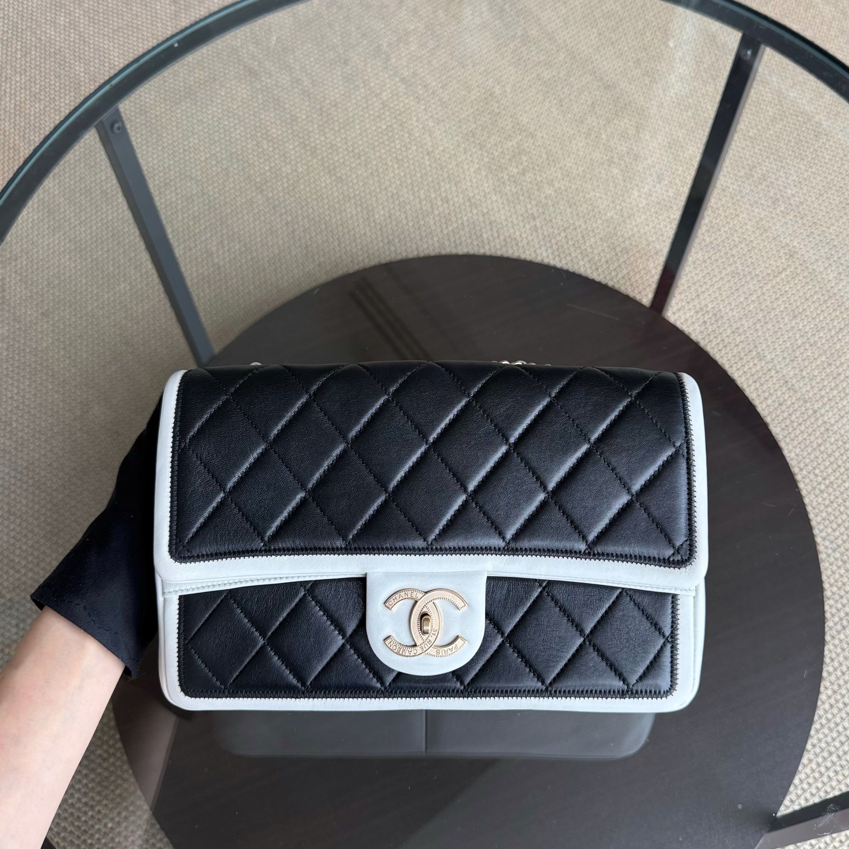 Chanel Seasonal Flap - Medium Graphic Quilted Lambskin Bi-Color Black Gold Hardware