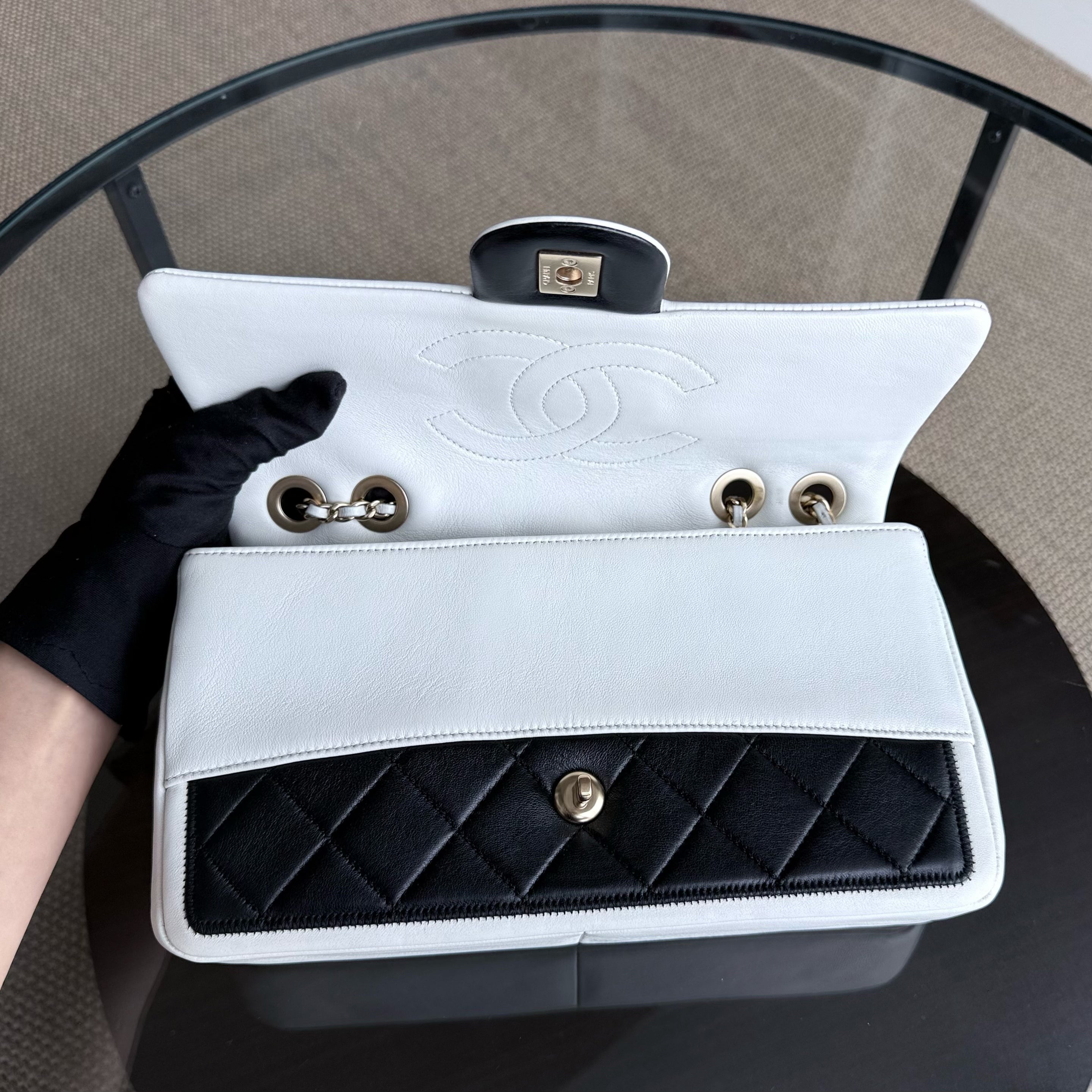 Chanel Seasonal Flap - Medium Graphic Quilted Lambskin Bi-Color Black Gold Hardware