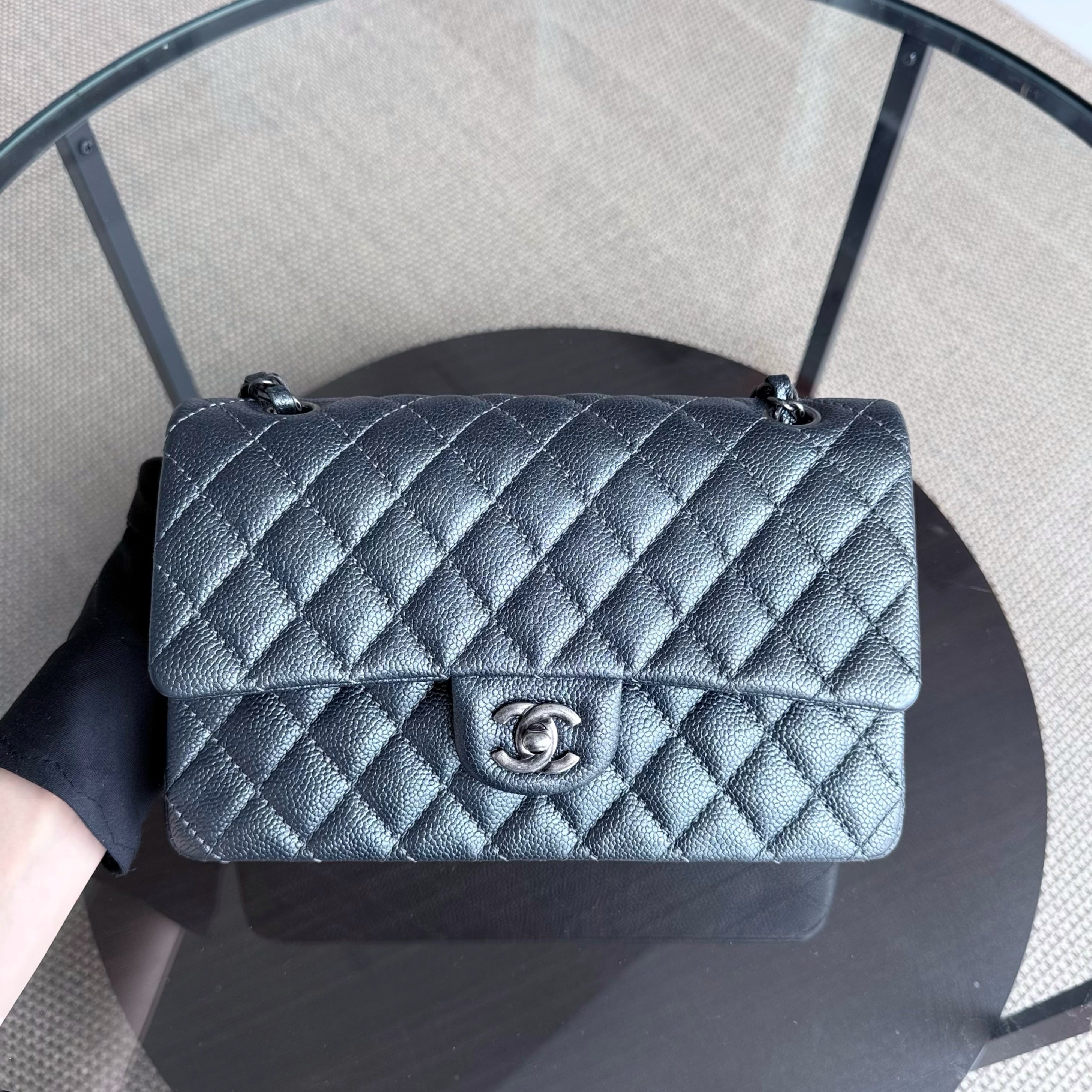 Chanel Classic Flap Medium - Caviar Quilted Grained Calfskin Iridescent Grey Gray Silver Hardware Series 20