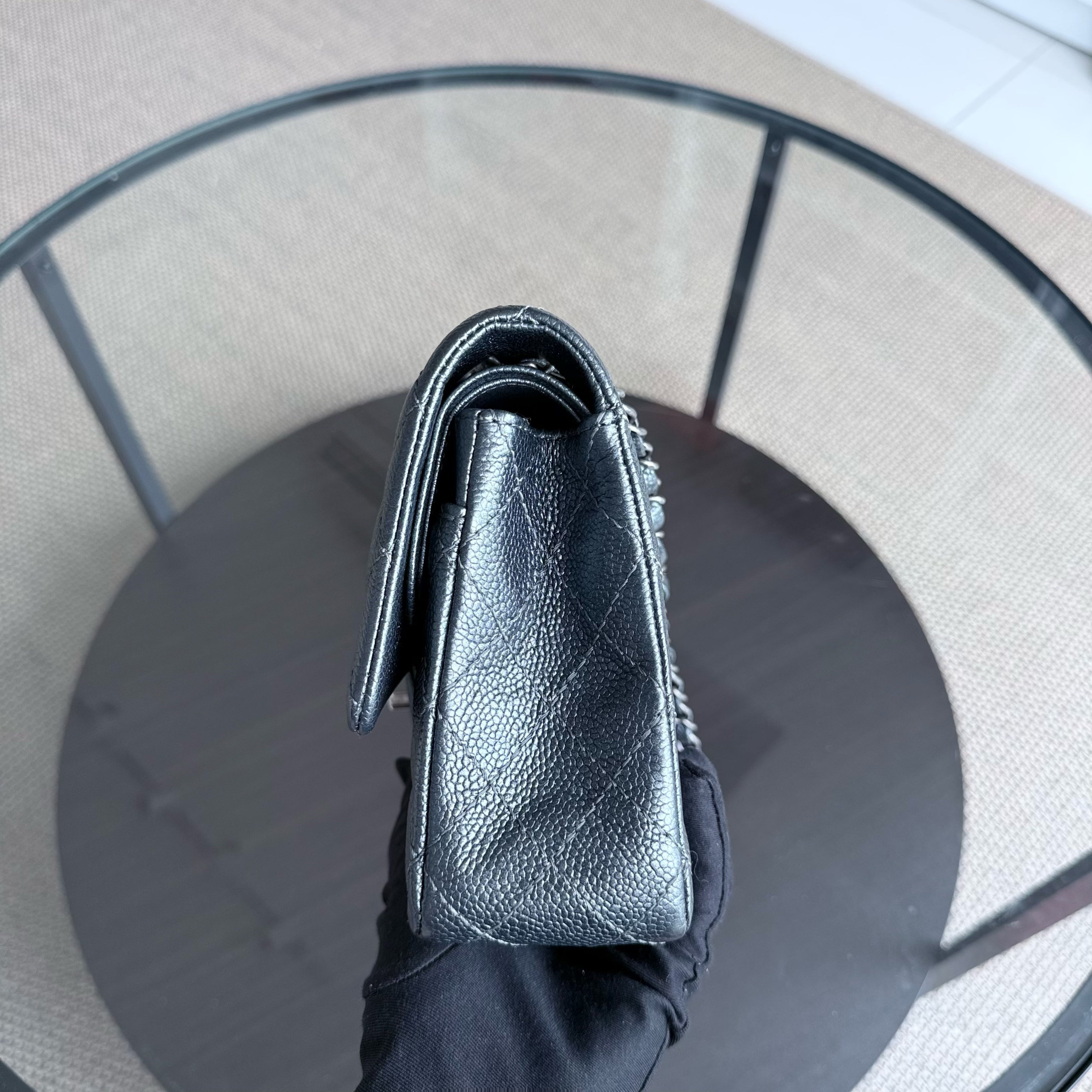Chanel Classic Flap Medium - Caviar Quilted Grained Calfskin Iridescent Grey Gray Silver Hardware Series 20