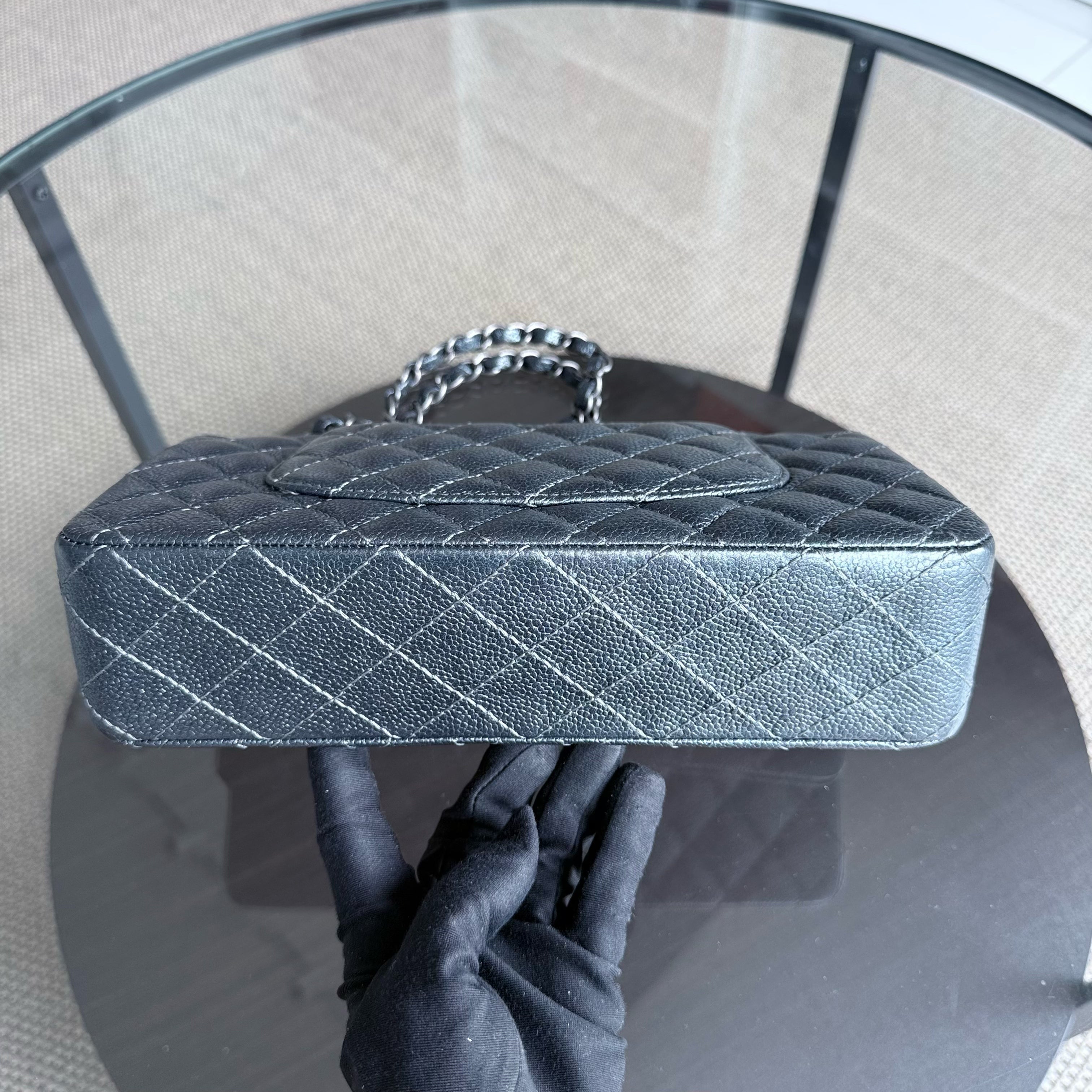 Chanel Classic Flap Medium - Caviar Quilted Grained Calfskin Iridescent Grey Gray Silver Hardware Series 20