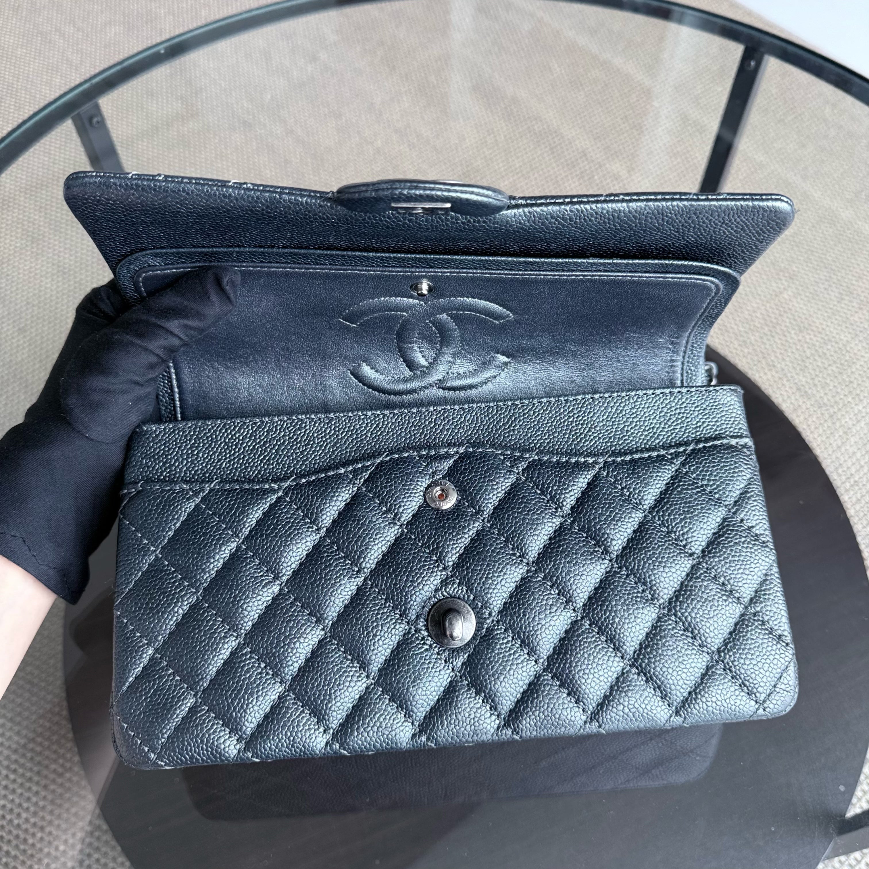 Chanel Classic Flap Medium - Caviar Quilted Grained Calfskin Iridescent Grey Gray Silver Hardware Series 20