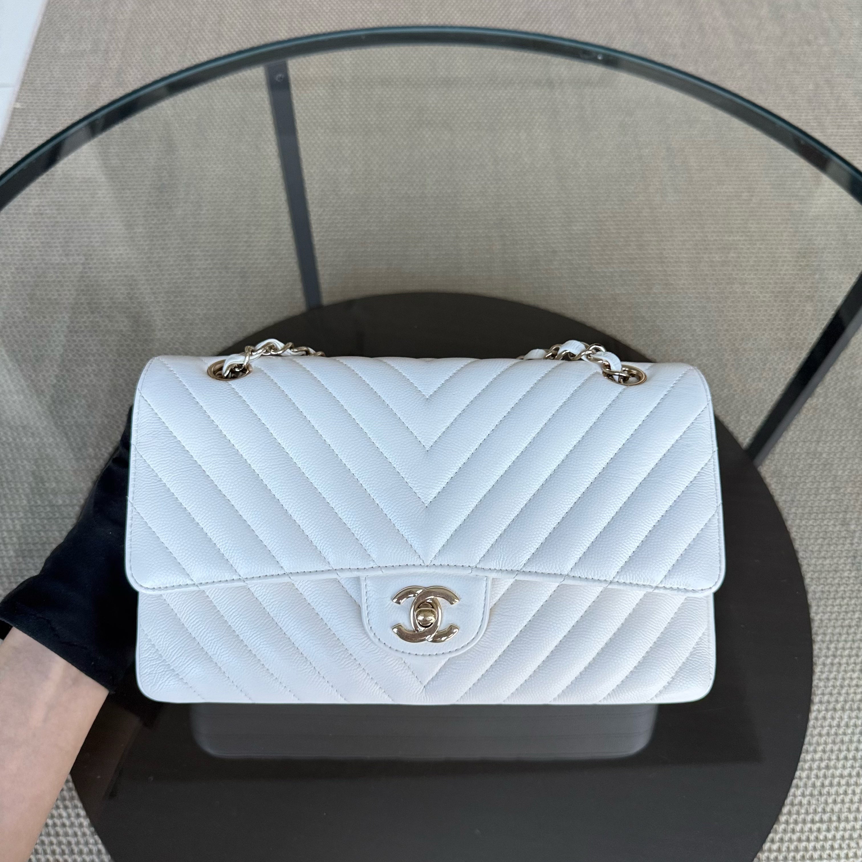 Chanel Classic Flap Medium - Caviar Chevron Grained Calfskin White Gold Hardware Series 31