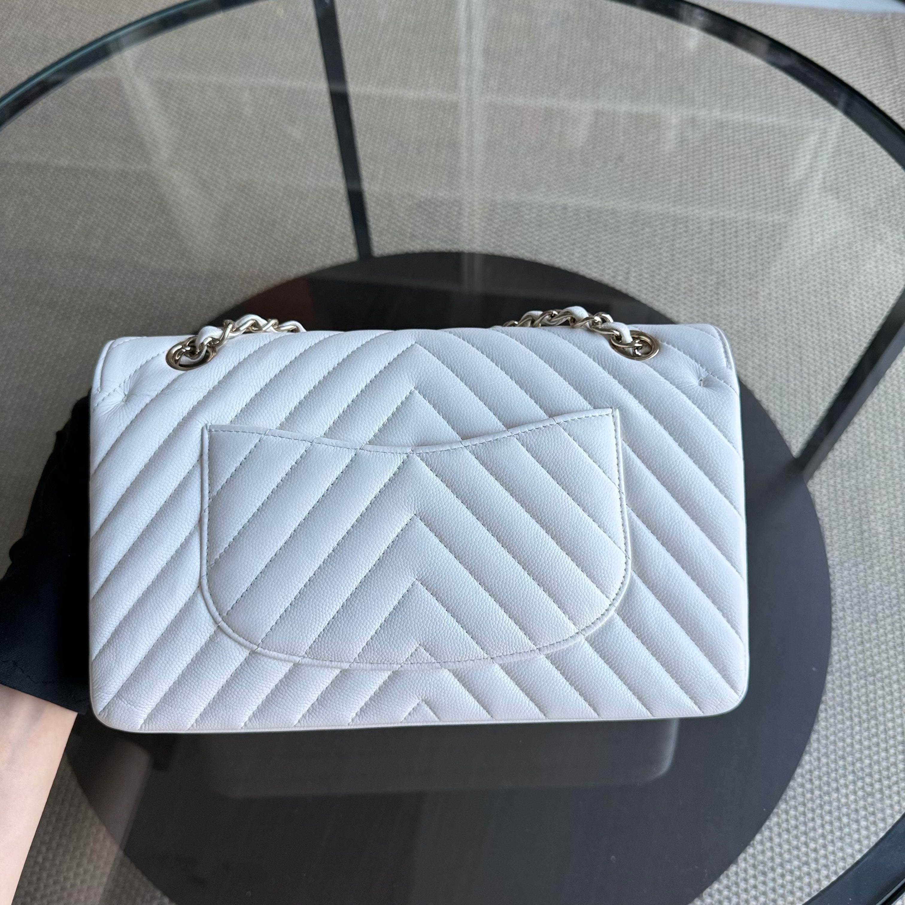 Chanel Classic Flap Medium - Caviar Chevron Grained Calfskin White Gold Hardware Series 31