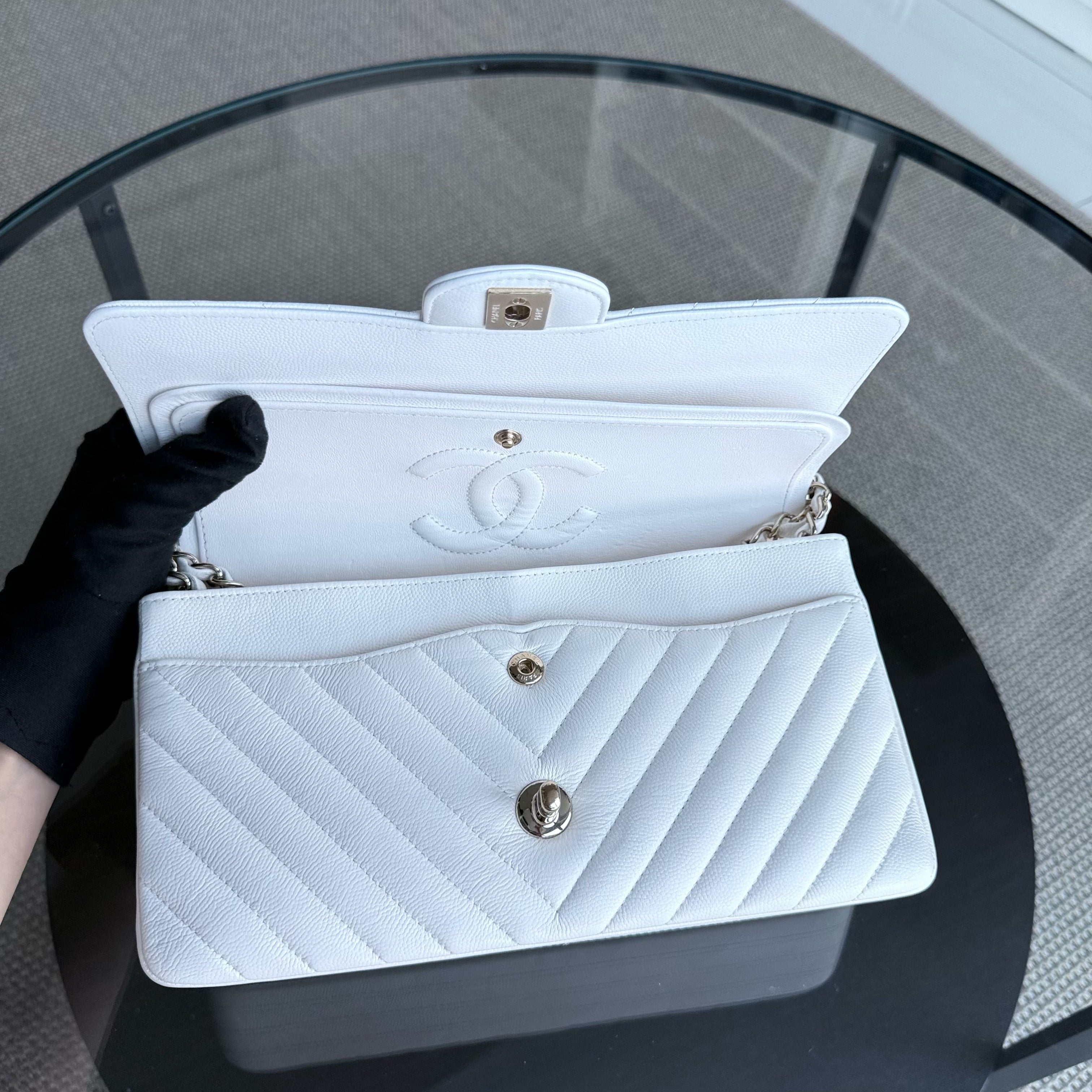 Chanel Classic Flap Medium - Caviar Chevron Grained Calfskin White Gold Hardware Series 31