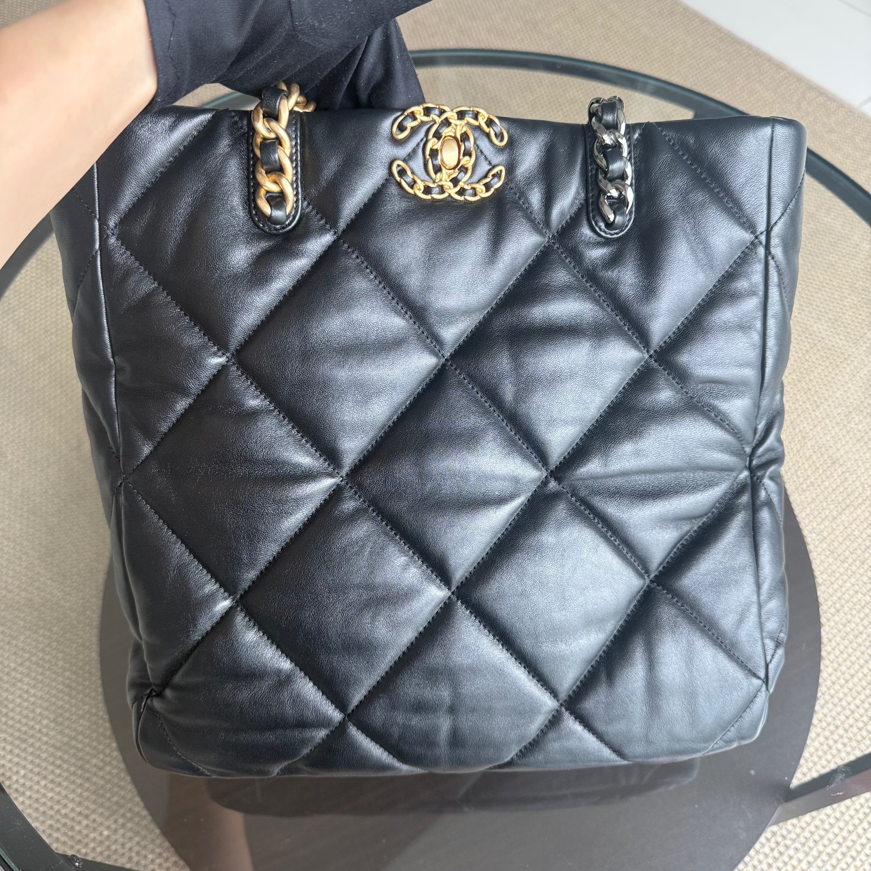 Chanel 19 Shopping Bag - Quilted Goatskin Black Gold Hardware Microchip
