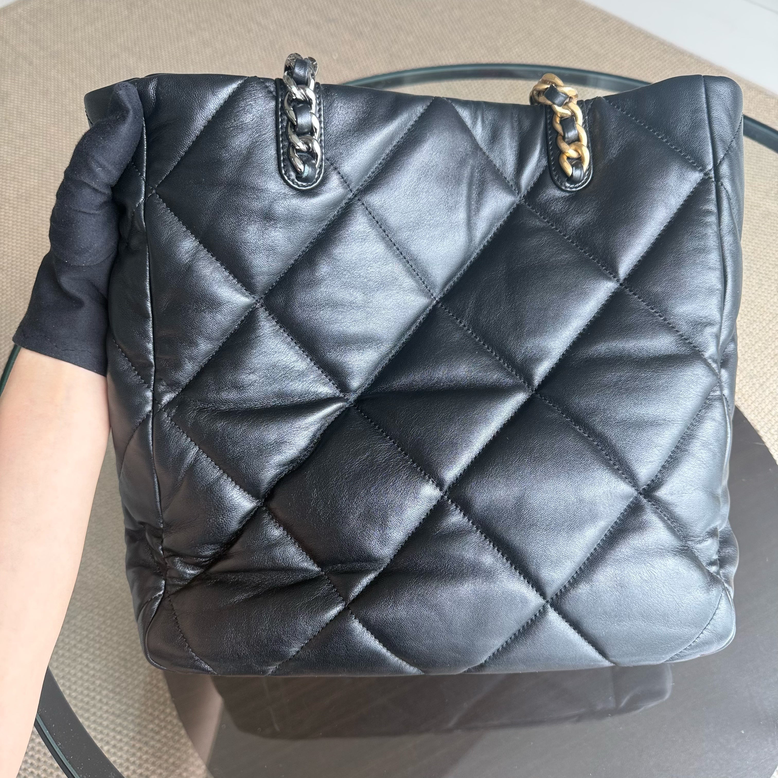 Chanel 19 Shopping Bag - Quilted Goatskin Black Gold Hardware Microchip