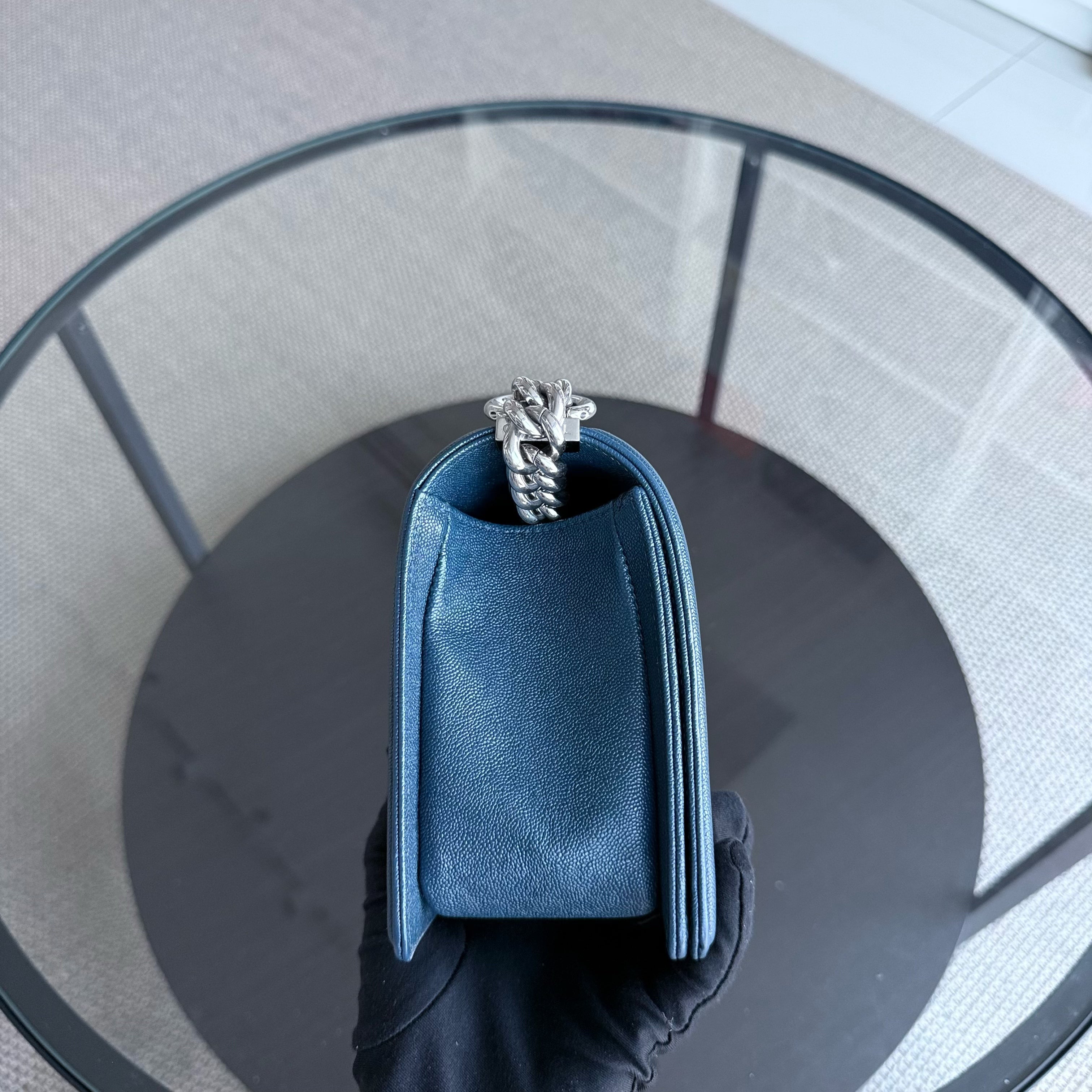 Chanel Boy Medium - Caviar 25CM Quilted Grained Calfskin Blue Silver Hardware Series 28