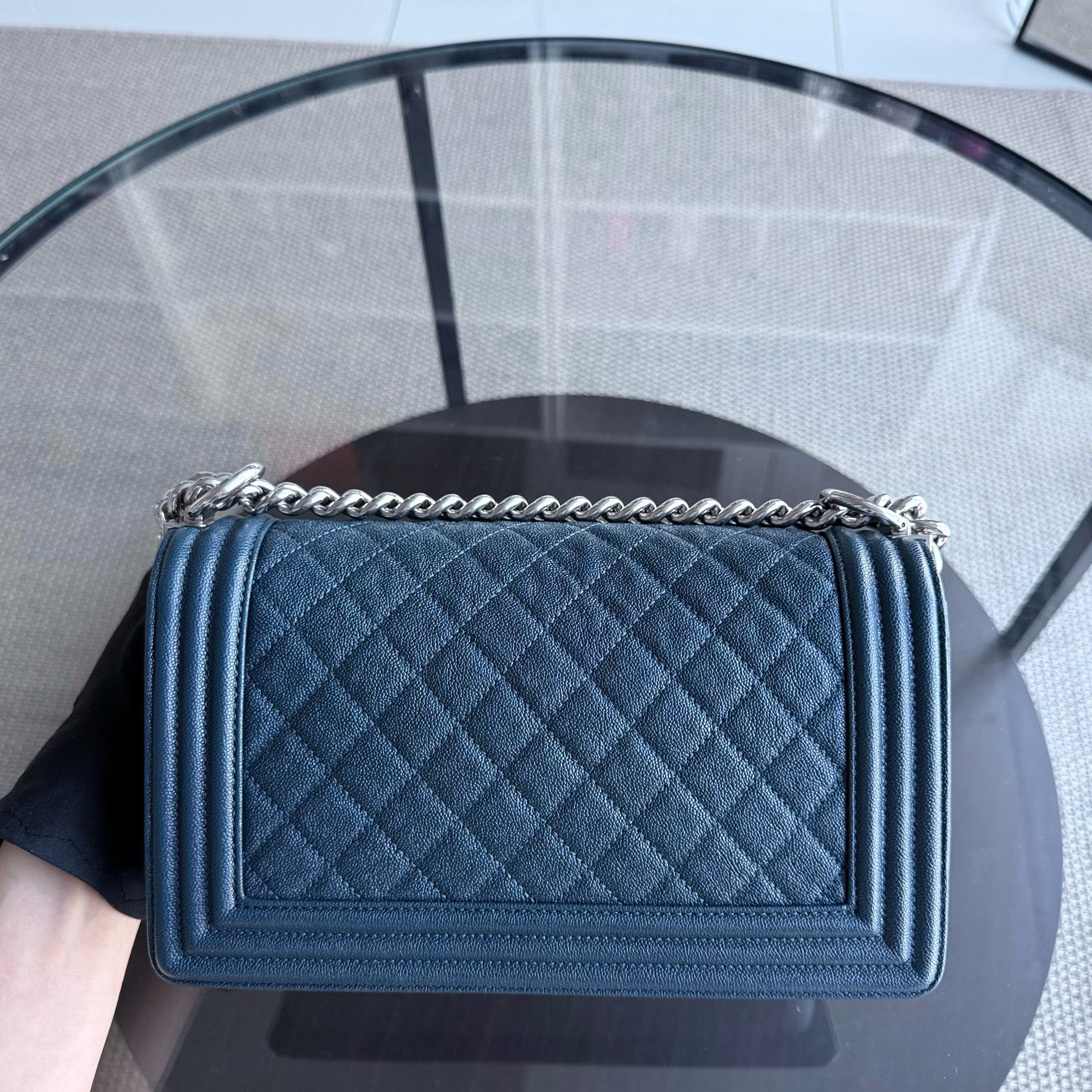 Chanel Boy Medium - Caviar 25CM Quilted Grained Calfskin Blue Silver Hardware Series 28