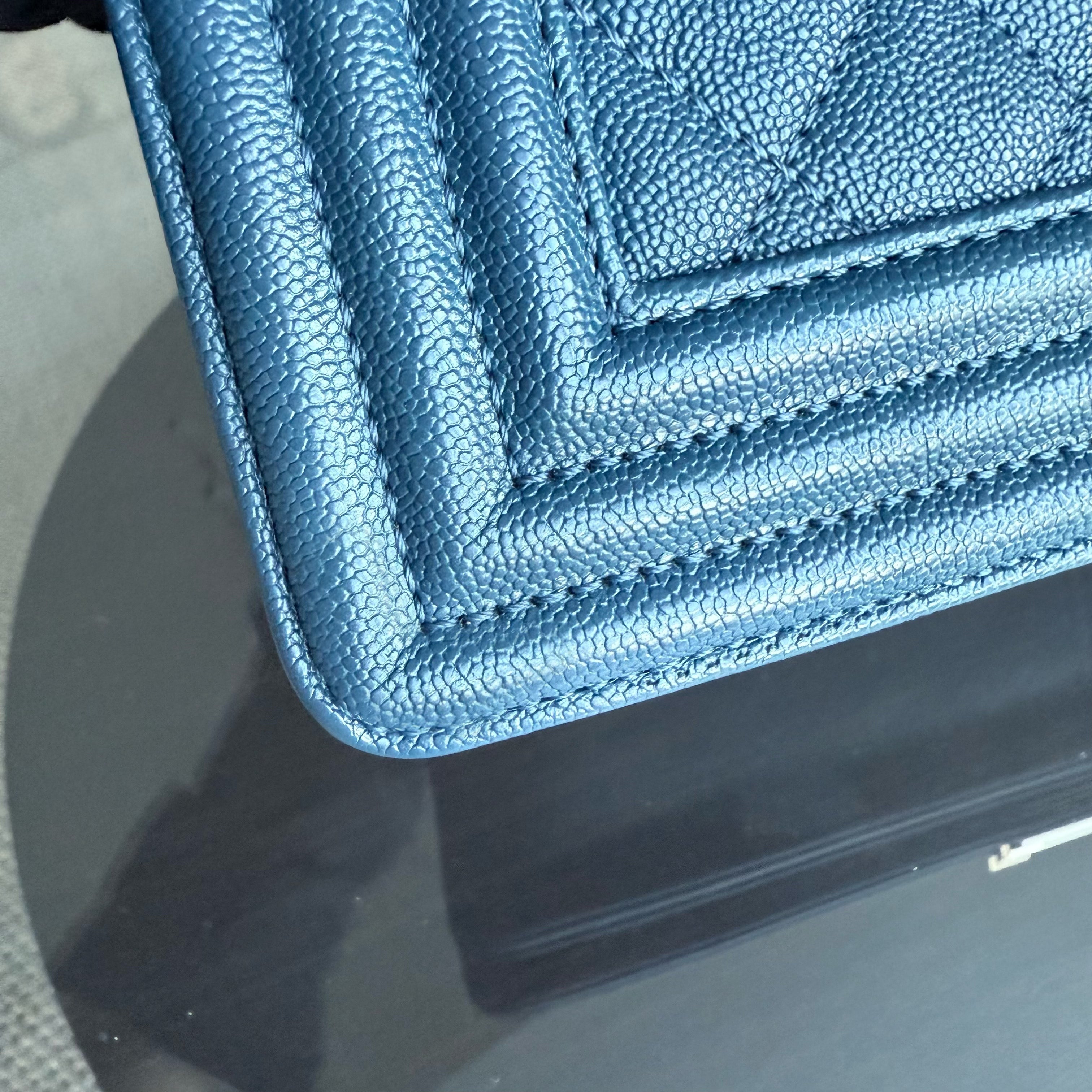 Chanel Boy Medium - Caviar 25CM Quilted Grained Calfskin Blue Silver Hardware Series 28