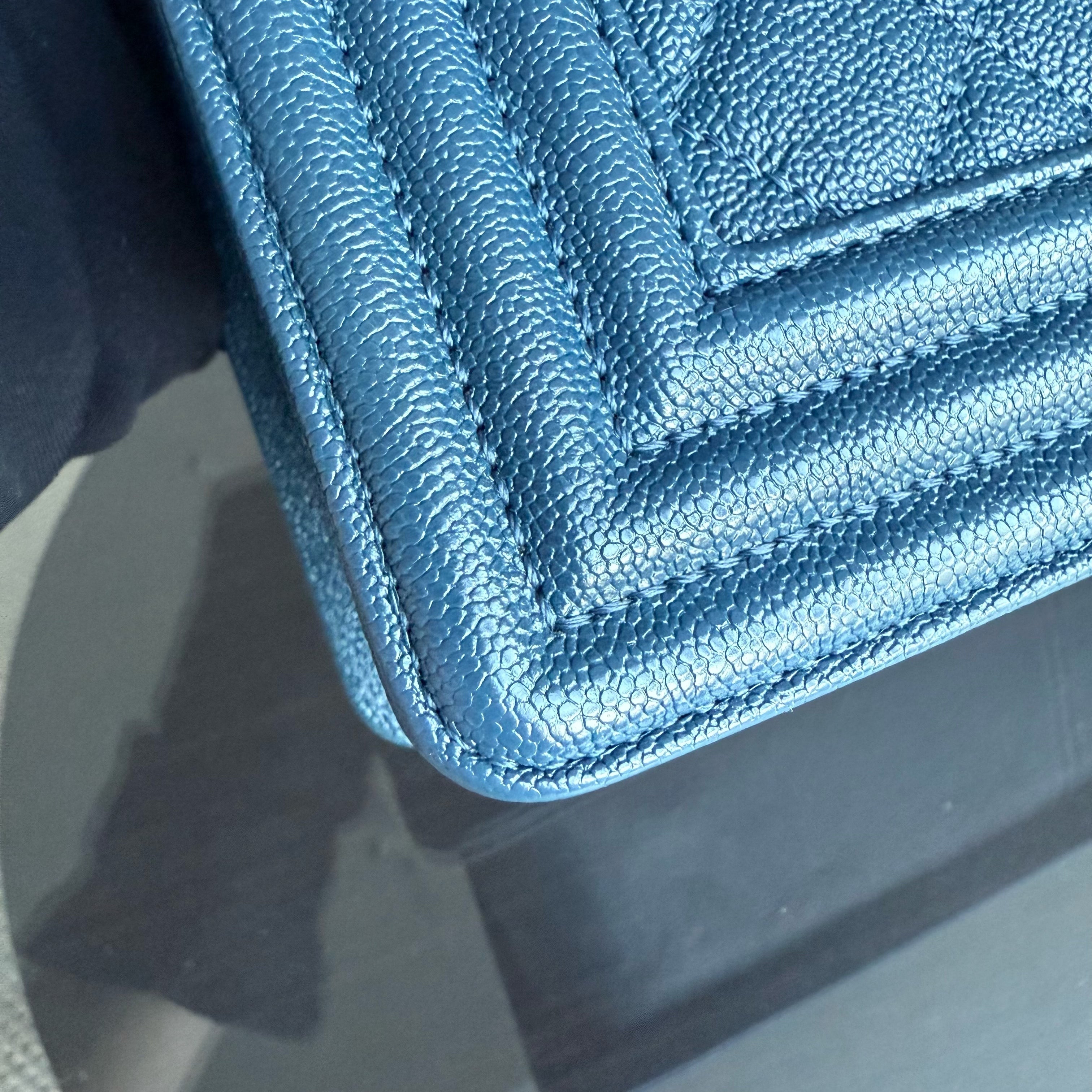 Chanel Boy Medium - Caviar 25CM Quilted Grained Calfskin Blue Silver Hardware Series 28