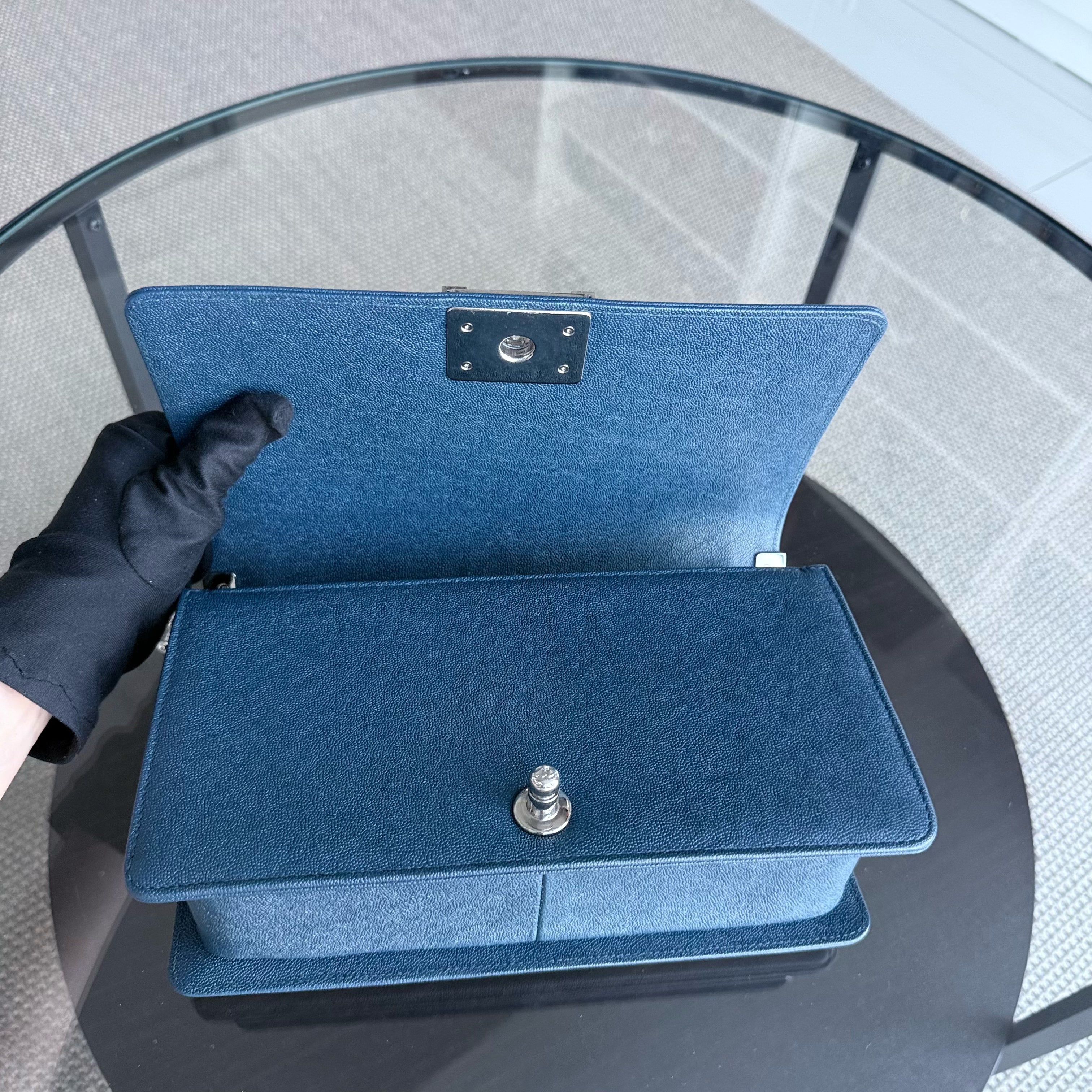 Chanel Boy Medium - Caviar 25CM Quilted Grained Calfskin Blue Silver Hardware Series 28