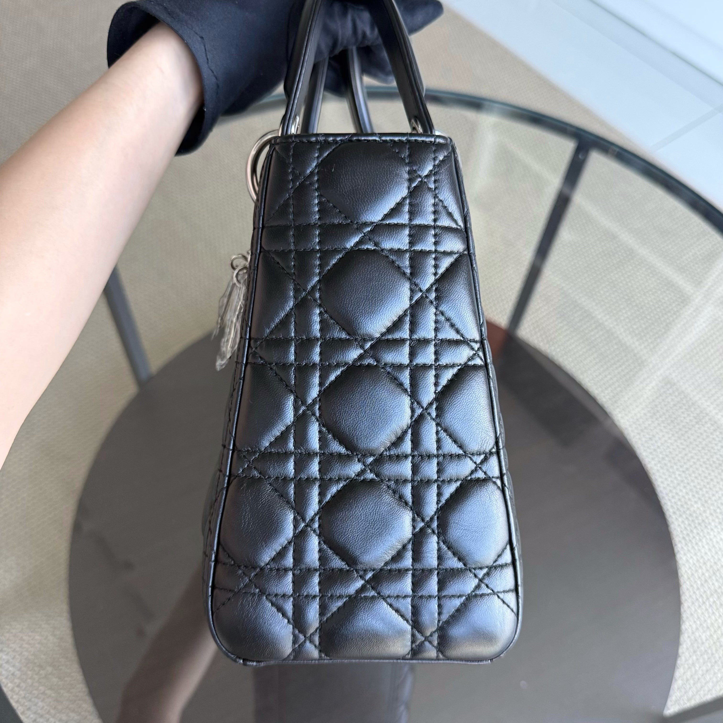 Dior Lady Medium - Cannage Lambskin Black Silver Hardware Adjustable Strap