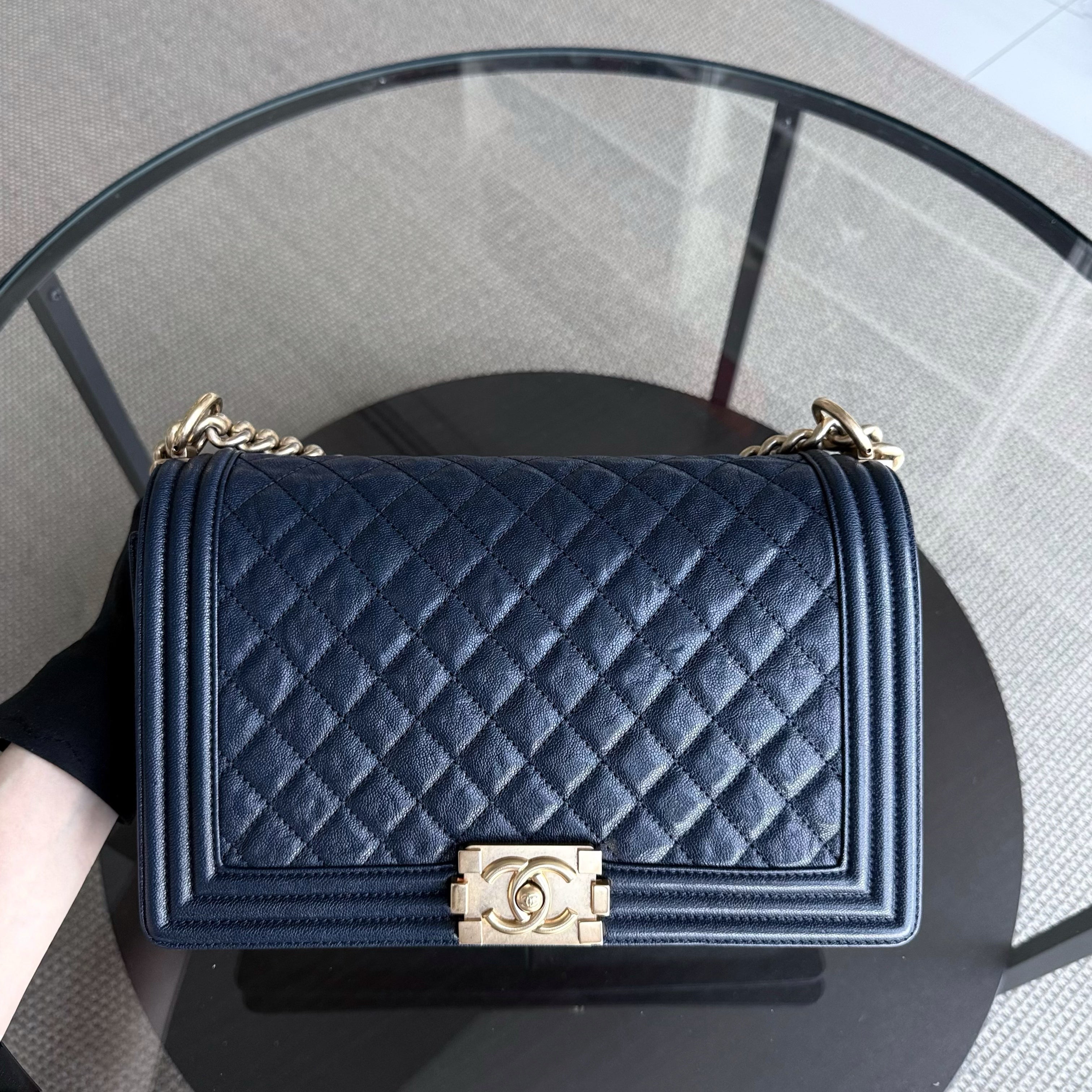 Chanel Boy New Medium - Caviar 28CM Quilted Grained Calfskin Dark Navy Blue Gold Hardware Series 26