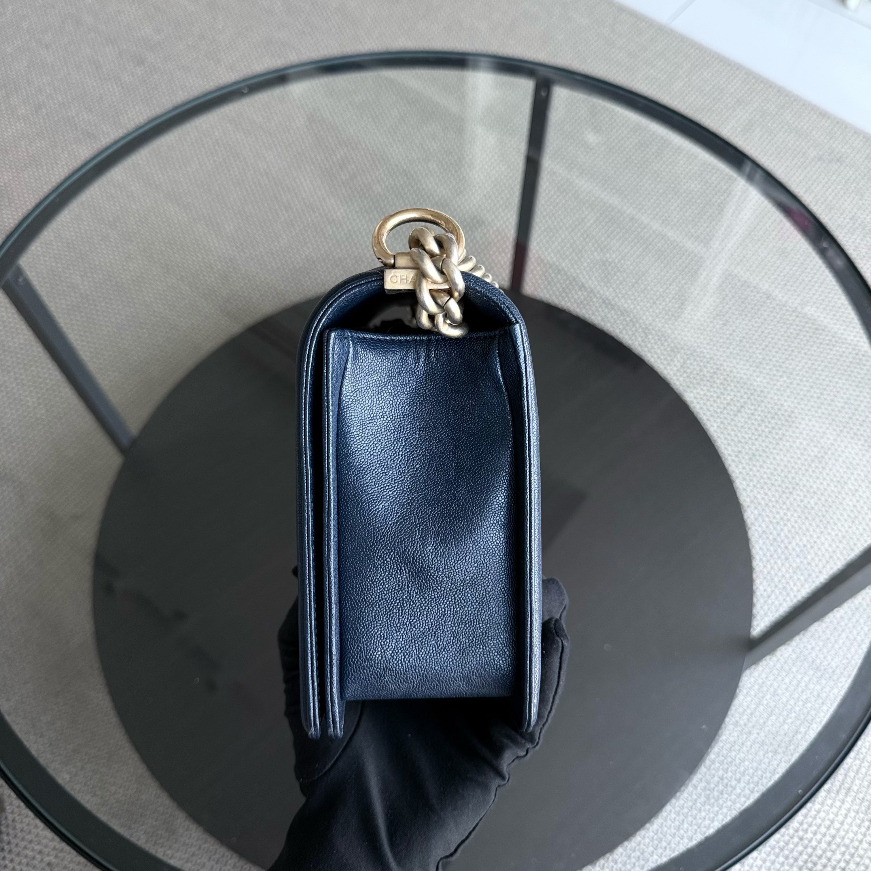 Chanel Boy New Medium - Caviar 28CM Quilted Grained Calfskin Dark Navy Blue Gold Hardware Series 26