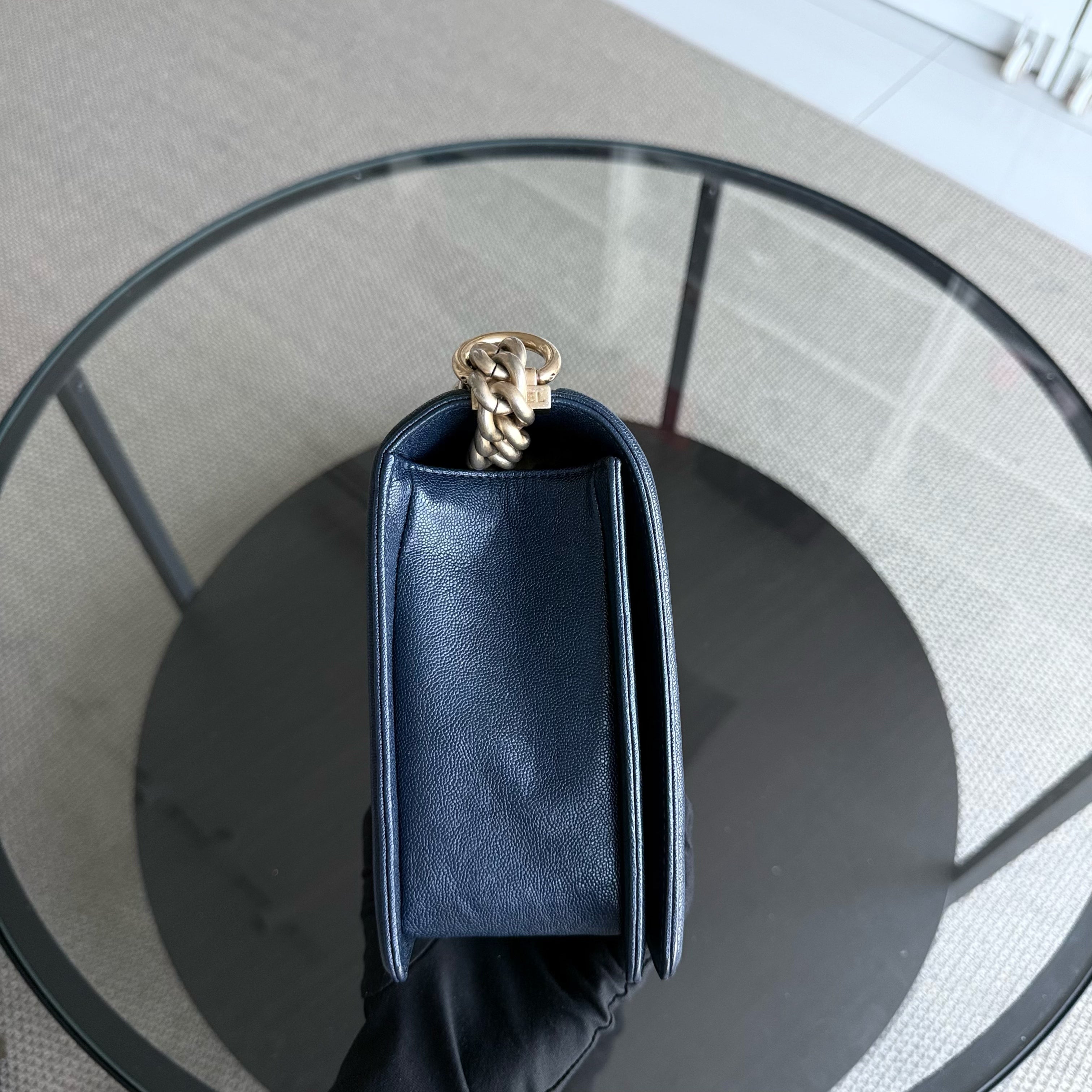 Chanel Boy New Medium - Caviar 28CM Quilted Grained Calfskin Dark Navy Blue Gold Hardware Series 26