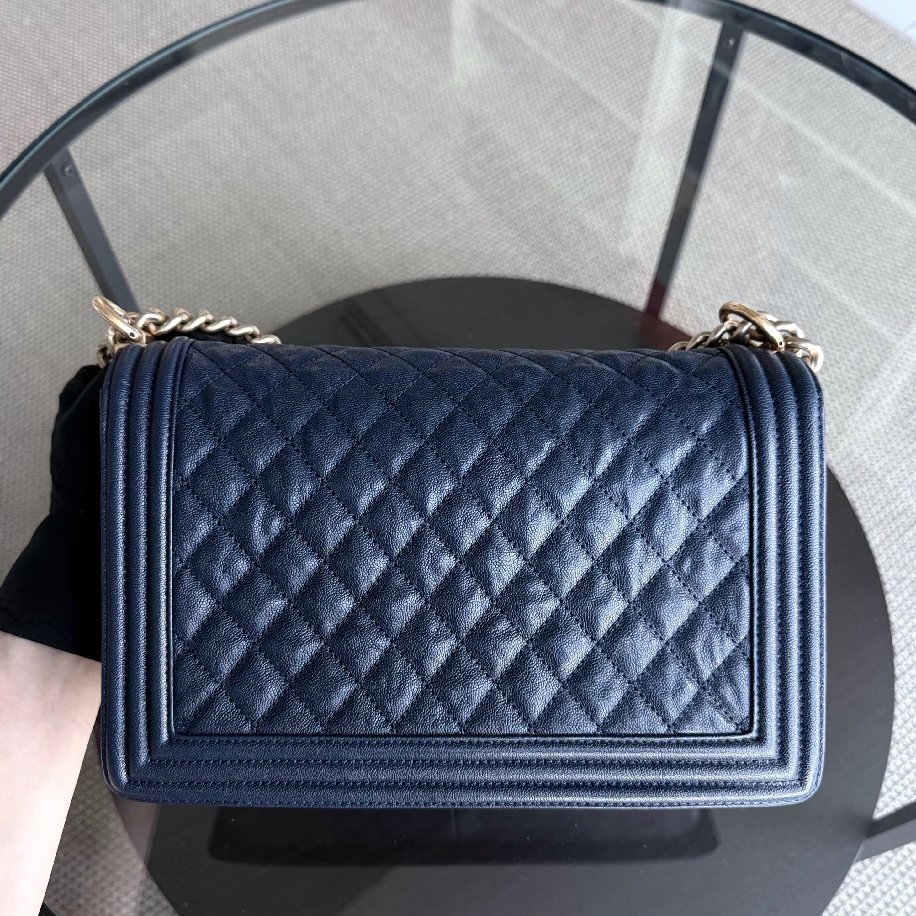 Chanel Boy New Medium - Caviar 28CM Quilted Grained Calfskin Dark Navy Blue Gold Hardware Series 26
