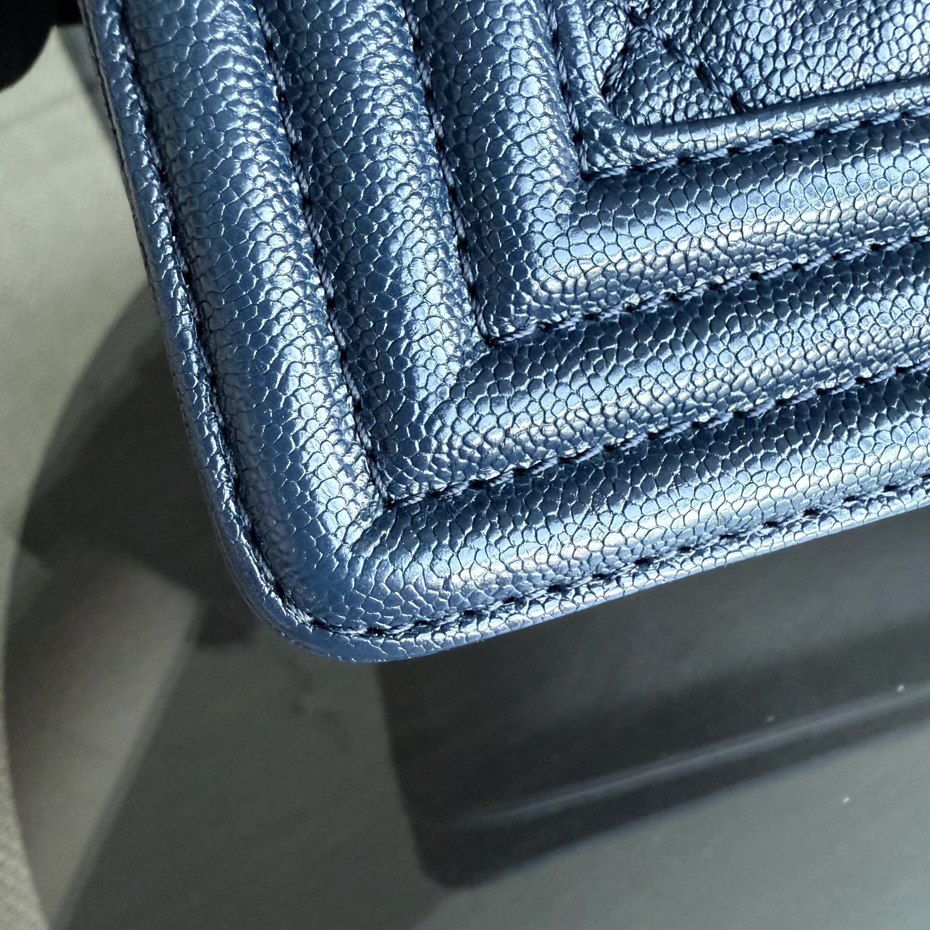 Chanel Boy New Medium - Caviar 28CM Quilted Grained Calfskin Dark Navy Blue Gold Hardware Series 26
