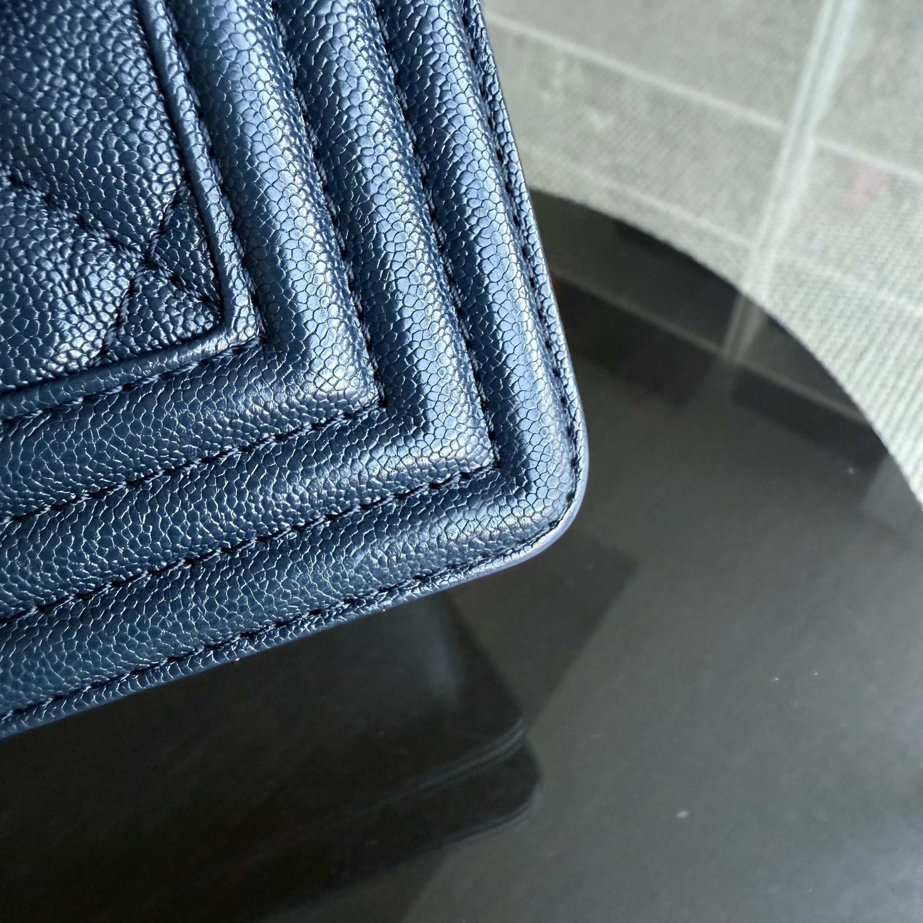 Chanel Boy New Medium - Caviar 28CM Quilted Grained Calfskin Dark Navy Blue Gold Hardware Series 26