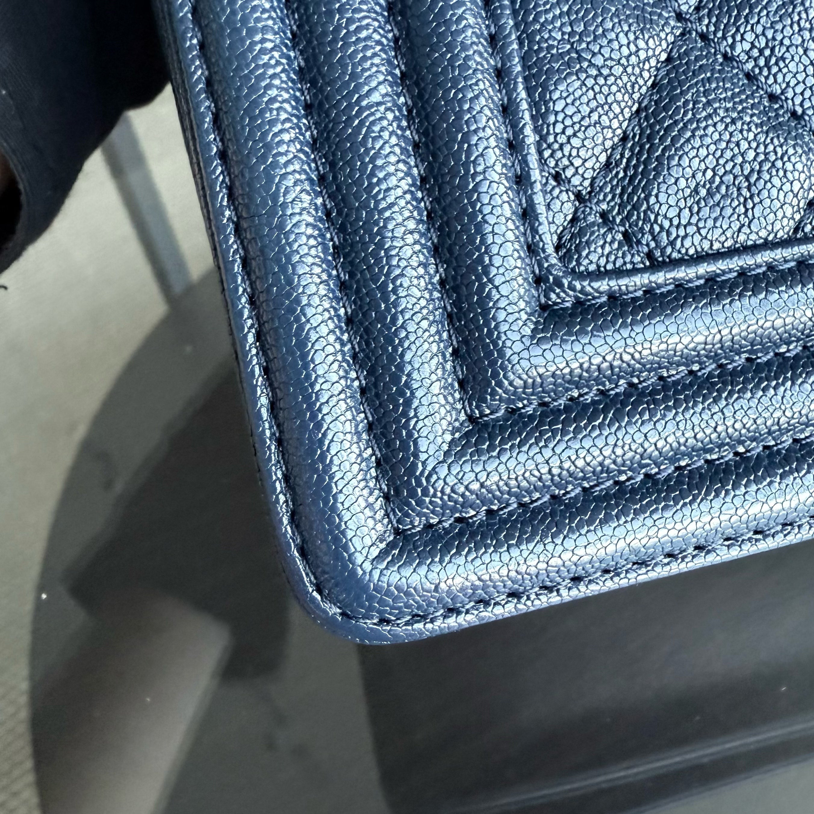 Chanel Boy New Medium - Caviar 28CM Quilted Grained Calfskin Dark Navy Blue Gold Hardware Series 26