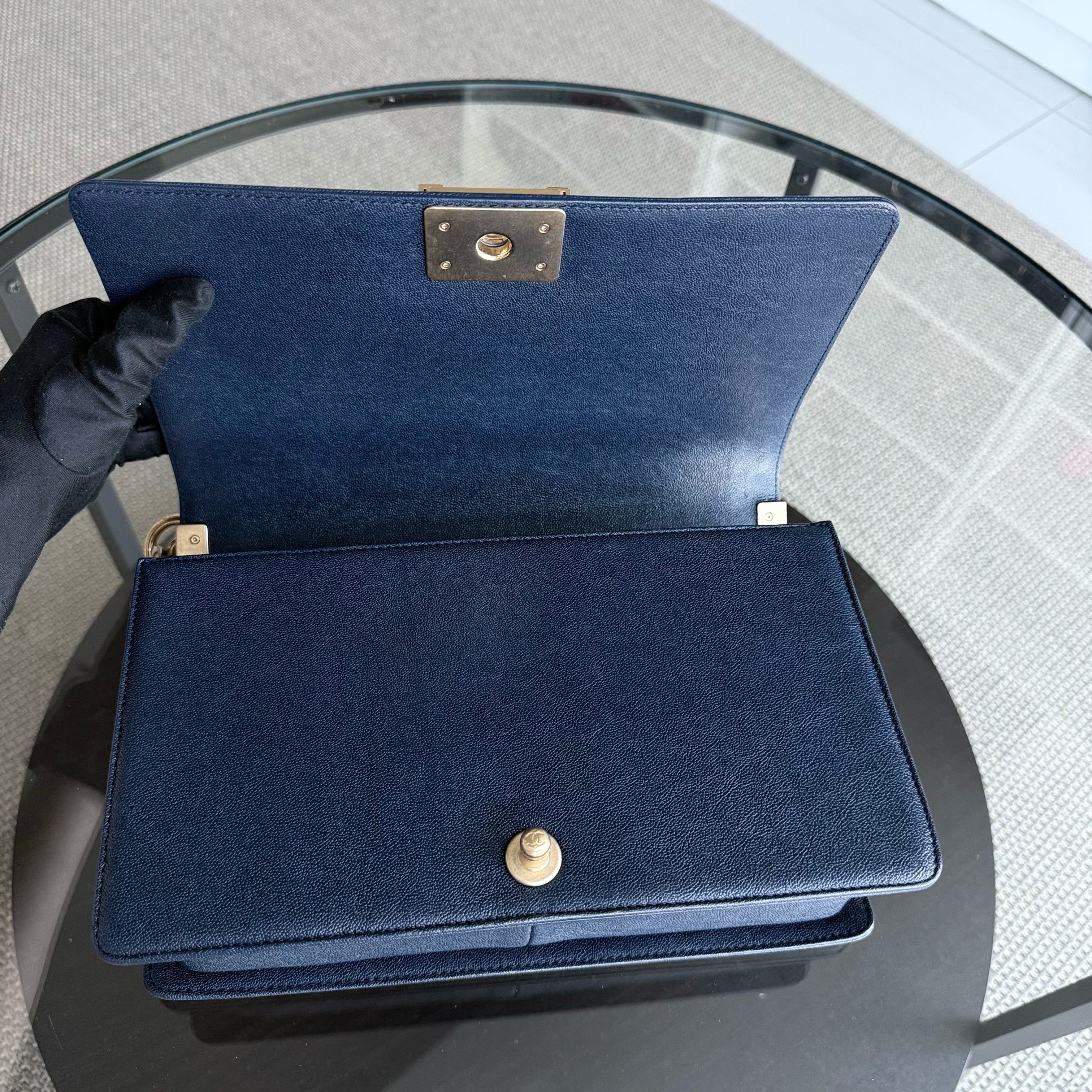 Chanel Boy New Medium - Caviar 28CM Quilted Grained Calfskin Dark Navy Blue Gold Hardware Series 26