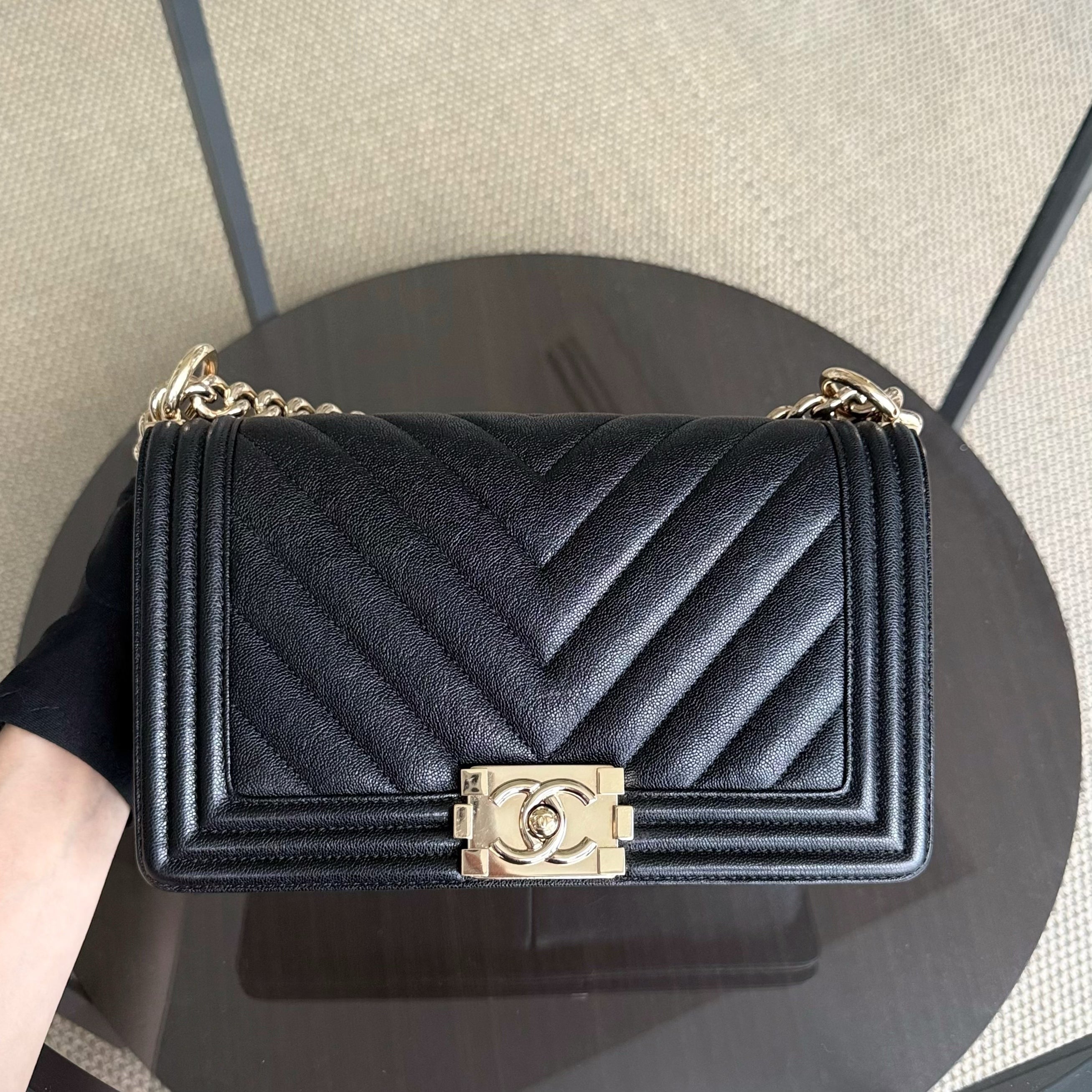 Chanel Boy Medium - Caviar 25CM Quilted Grained Calfskin Black Gold Hardware Series 28