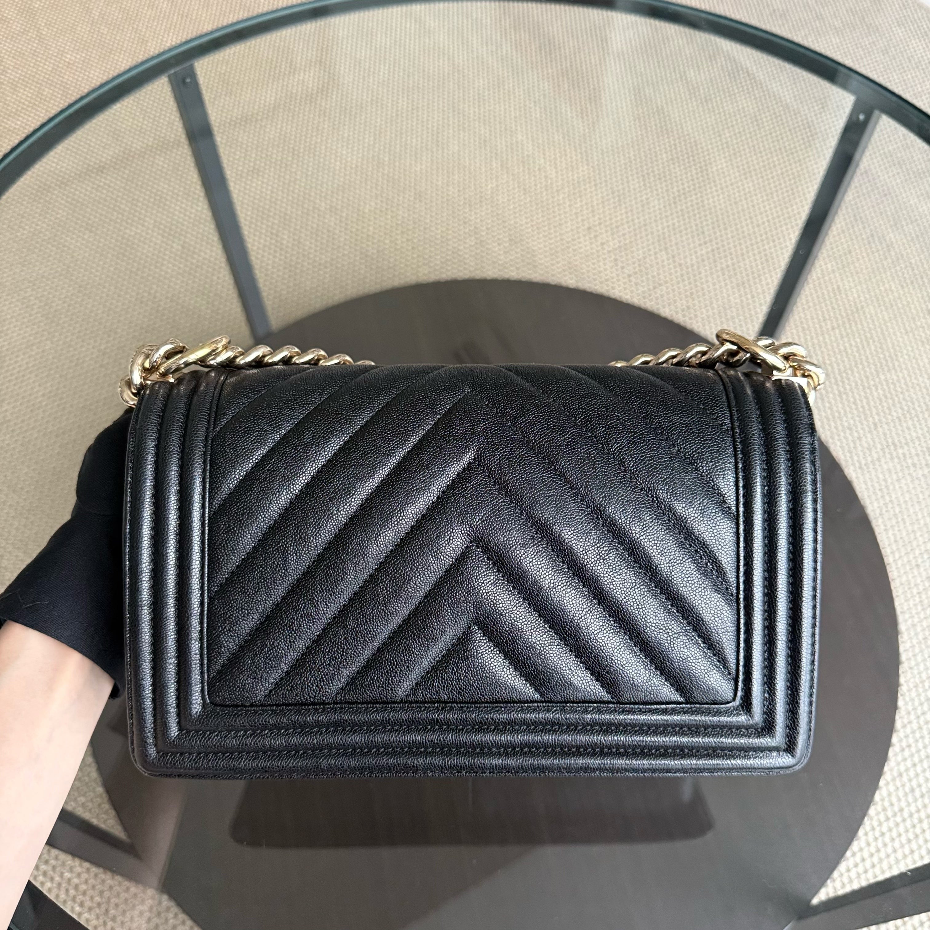 Chanel Boy Medium - Caviar 25CM Quilted Grained Calfskin Black Gold Hardware Series 28
