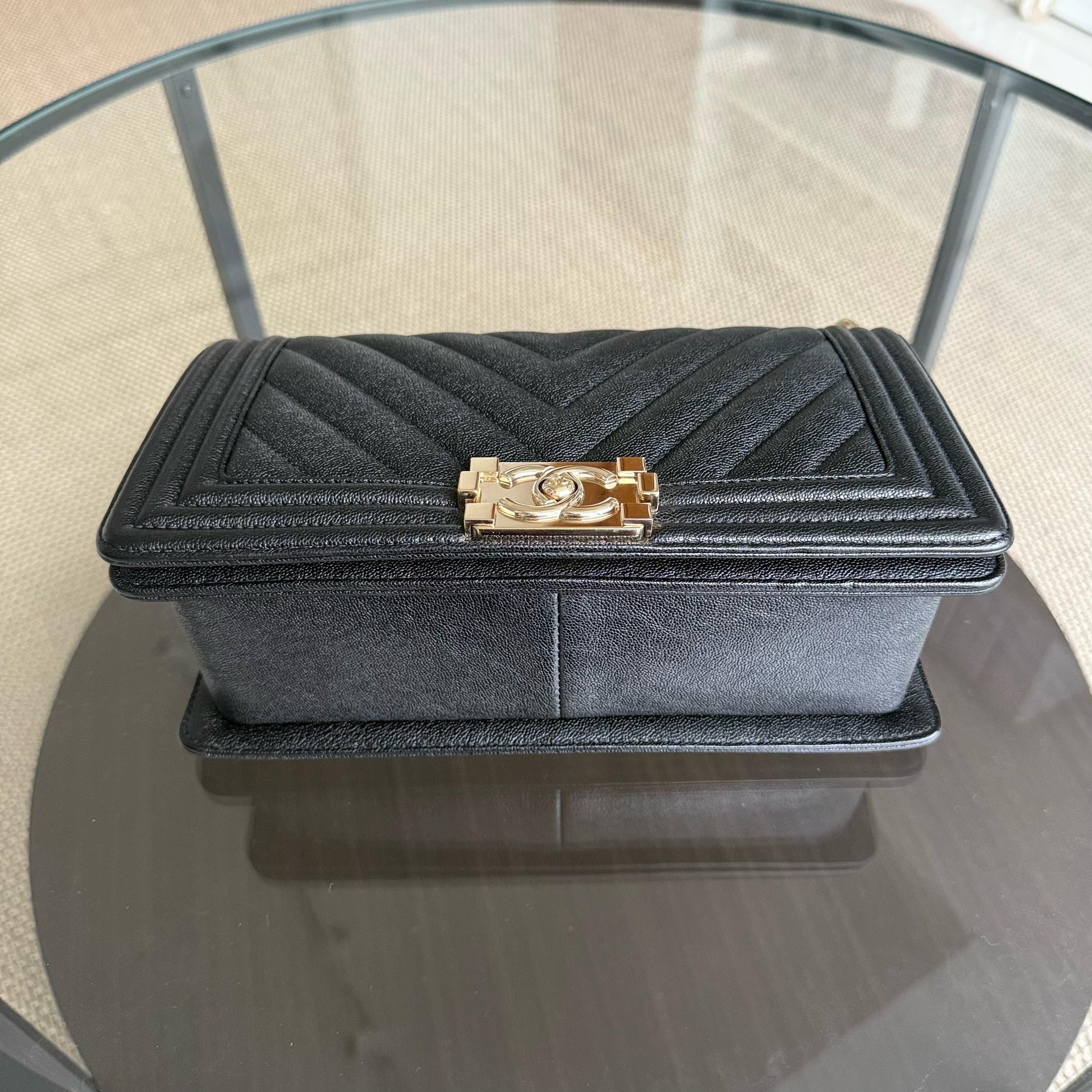 Chanel Boy Medium - Caviar 25CM Quilted Grained Calfskin Black Gold Hardware Series 28