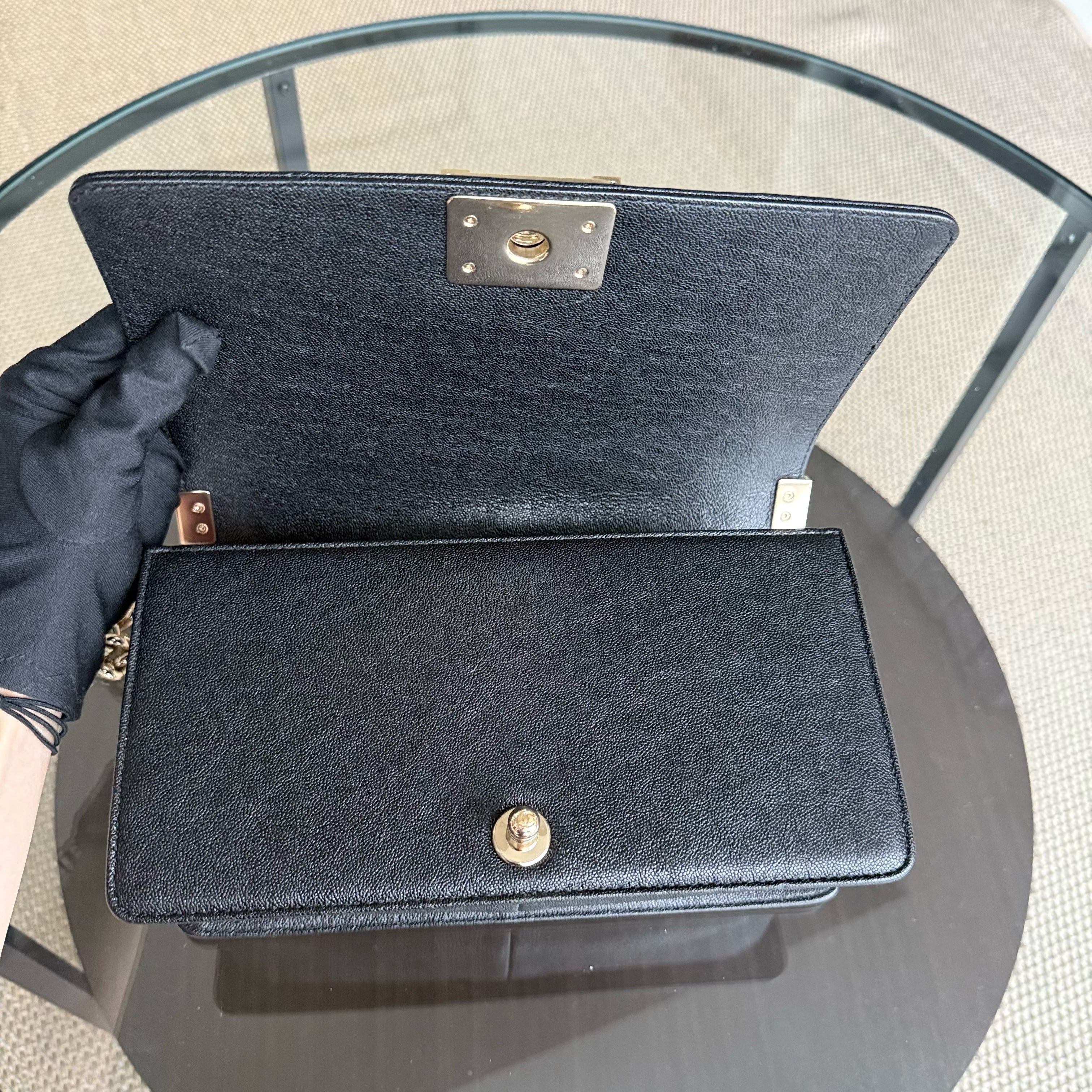 Chanel Boy Medium - Caviar 25CM Quilted Grained Calfskin Black Gold Hardware Series 28