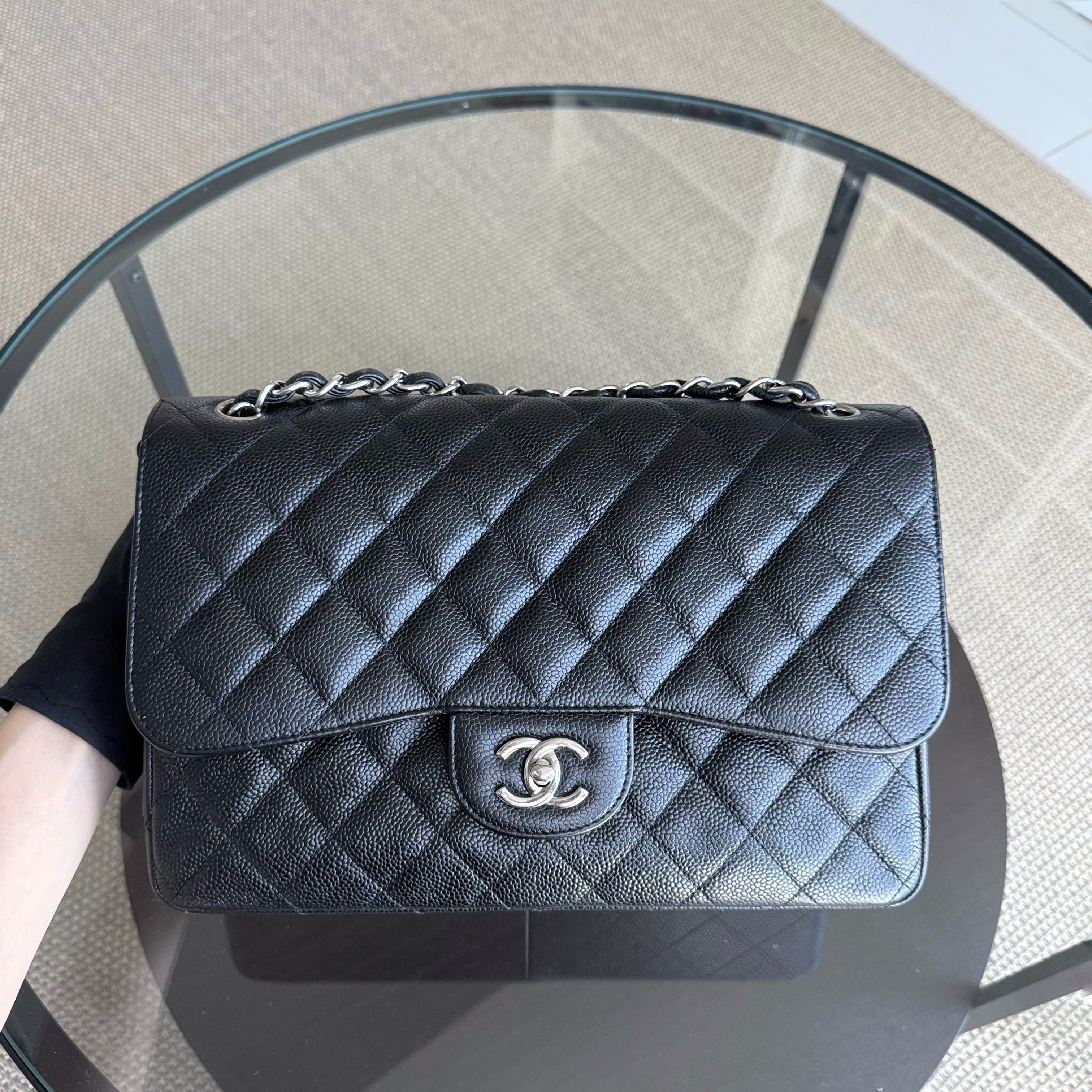 Chanel Classic Flap Jumbo - Caviar 30CM Double Flap Quilted Grained Calfskin Black Silver Hardware Series 19