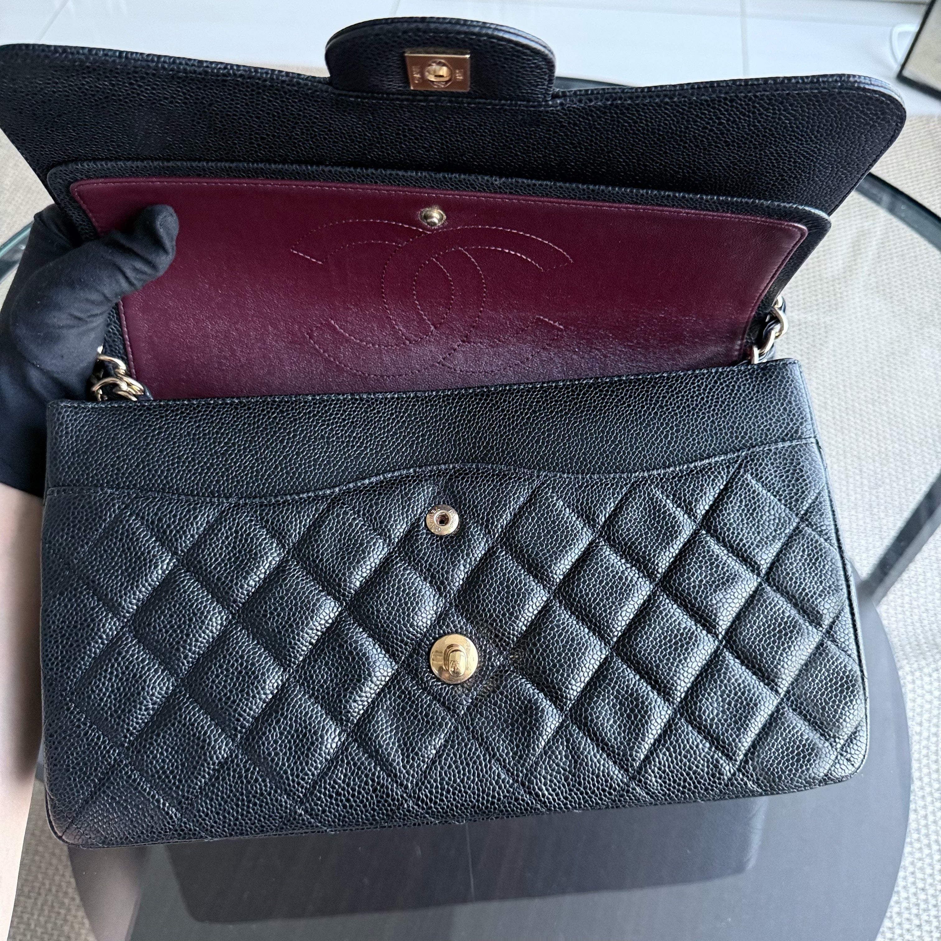 Chanel Classic Flap Jumbo - Caviar 30CM Double Flap Quilted Grained Calfskin Black Gold Hardware Series 15
