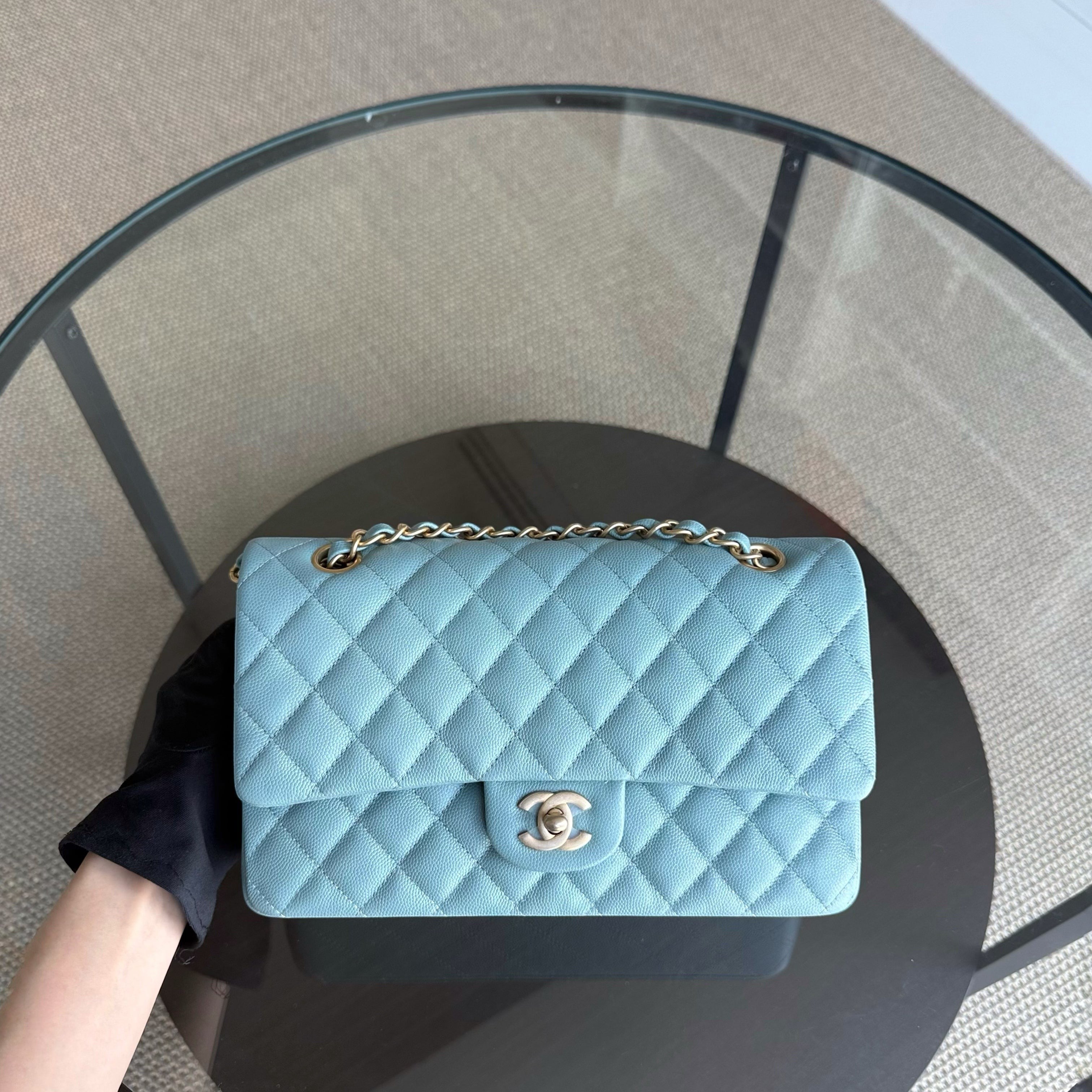 Chanel Classic Flap Medium - Caviar 25CM Quilted Light Blue Gold Hardware Series 25